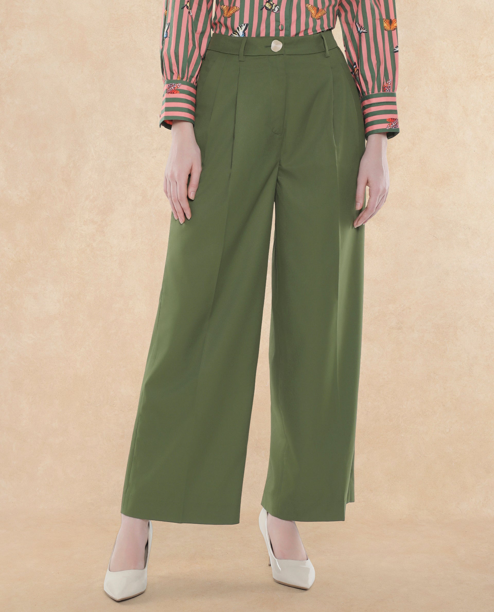 Rareism Women Sarin Olive Poly Viscose Fabric Button Closure Wide Fit Ankle Length Plain Trouser