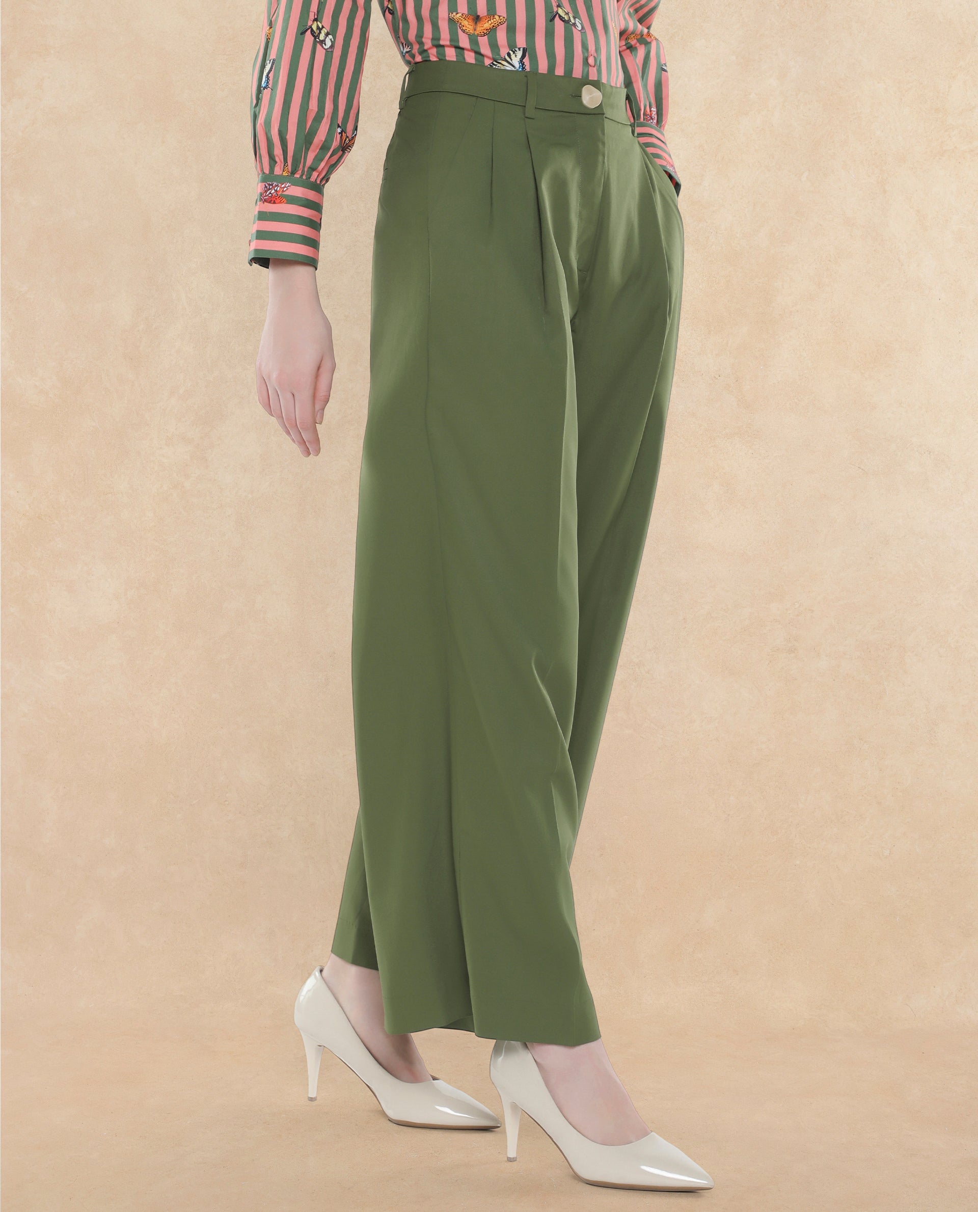 Rareism Women Sarin Olive Poly Viscose Fabric Button Closure Wide Fit Ankle Length Plain Trouser