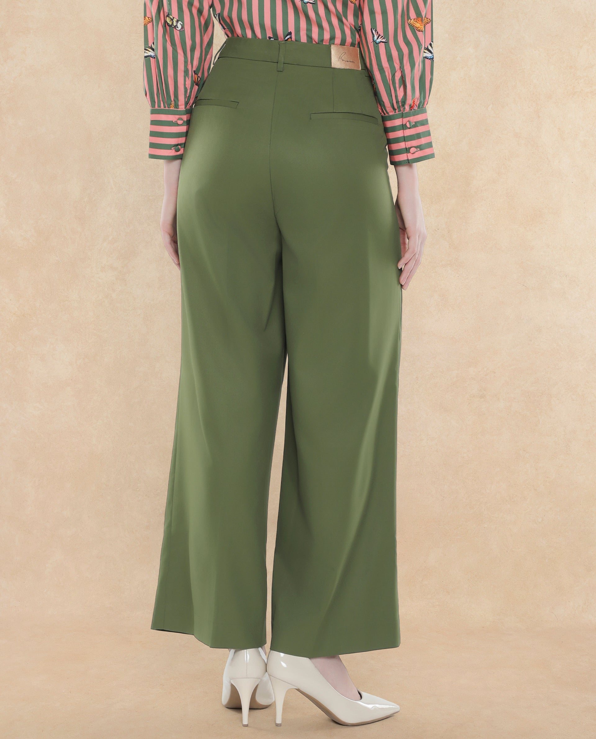 Rareism Women Sarin Olive Poly Viscose Fabric Button Closure Wide Fit Ankle Length Plain Trouser