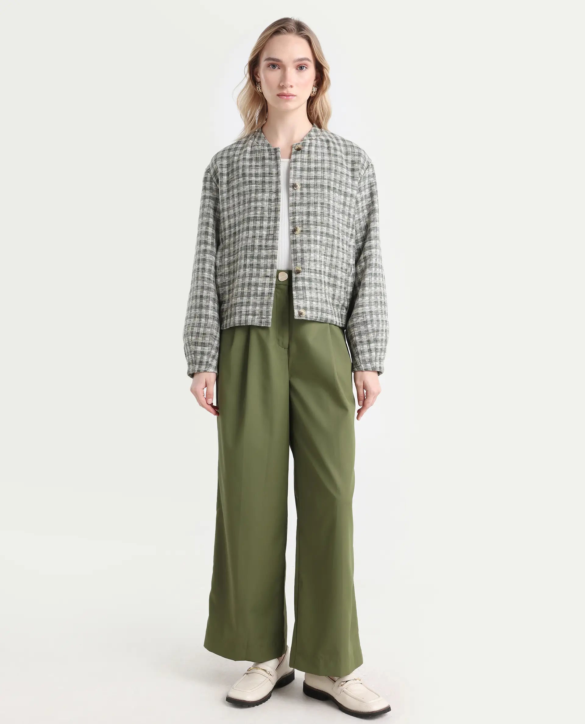 Rareism Women's Sarin Olive Polyester Blend Plain Ankle Length Wide Trouser
