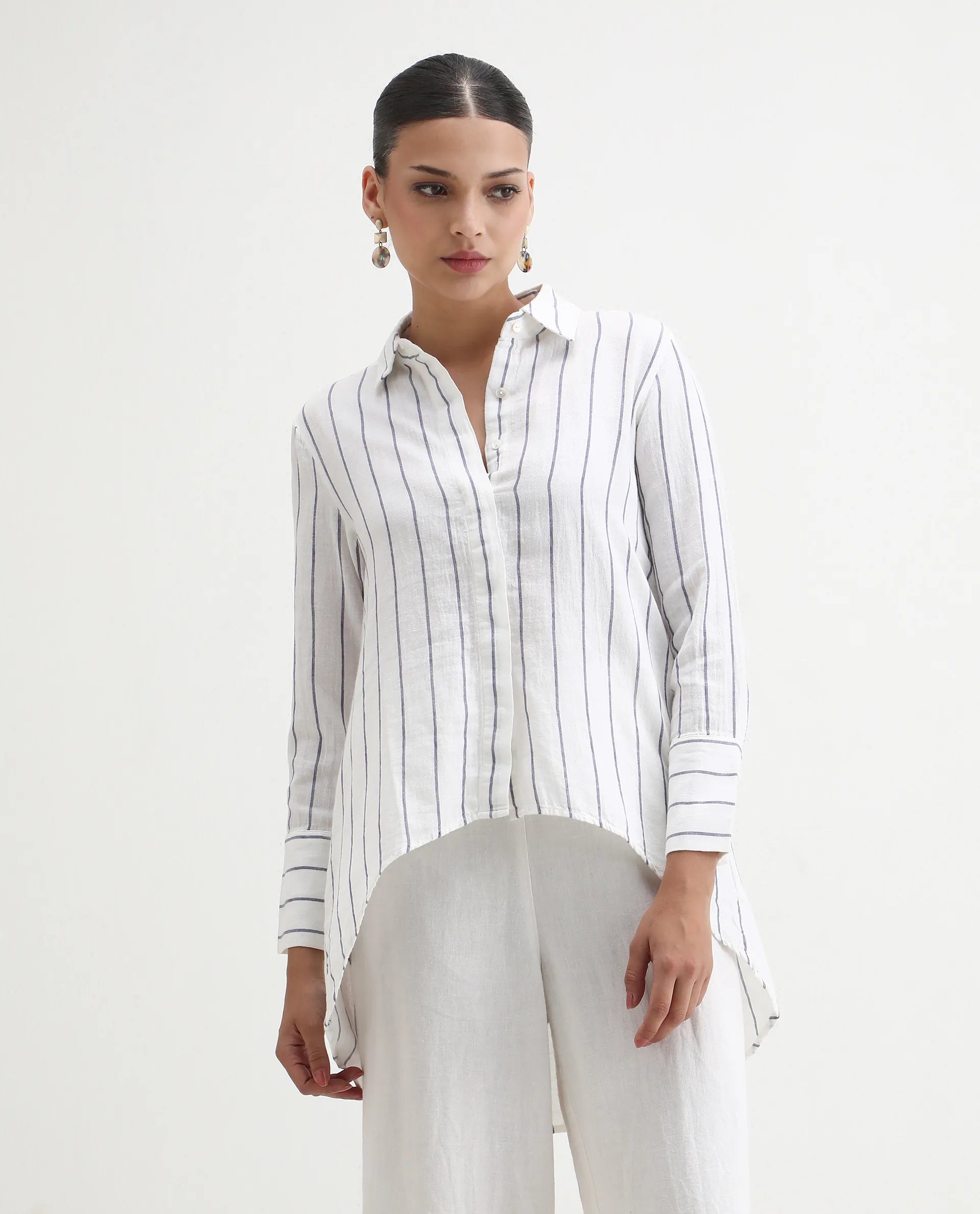 Rareism Women's Sarry Blue Linen Spread Collar Plain Regular Fit Top