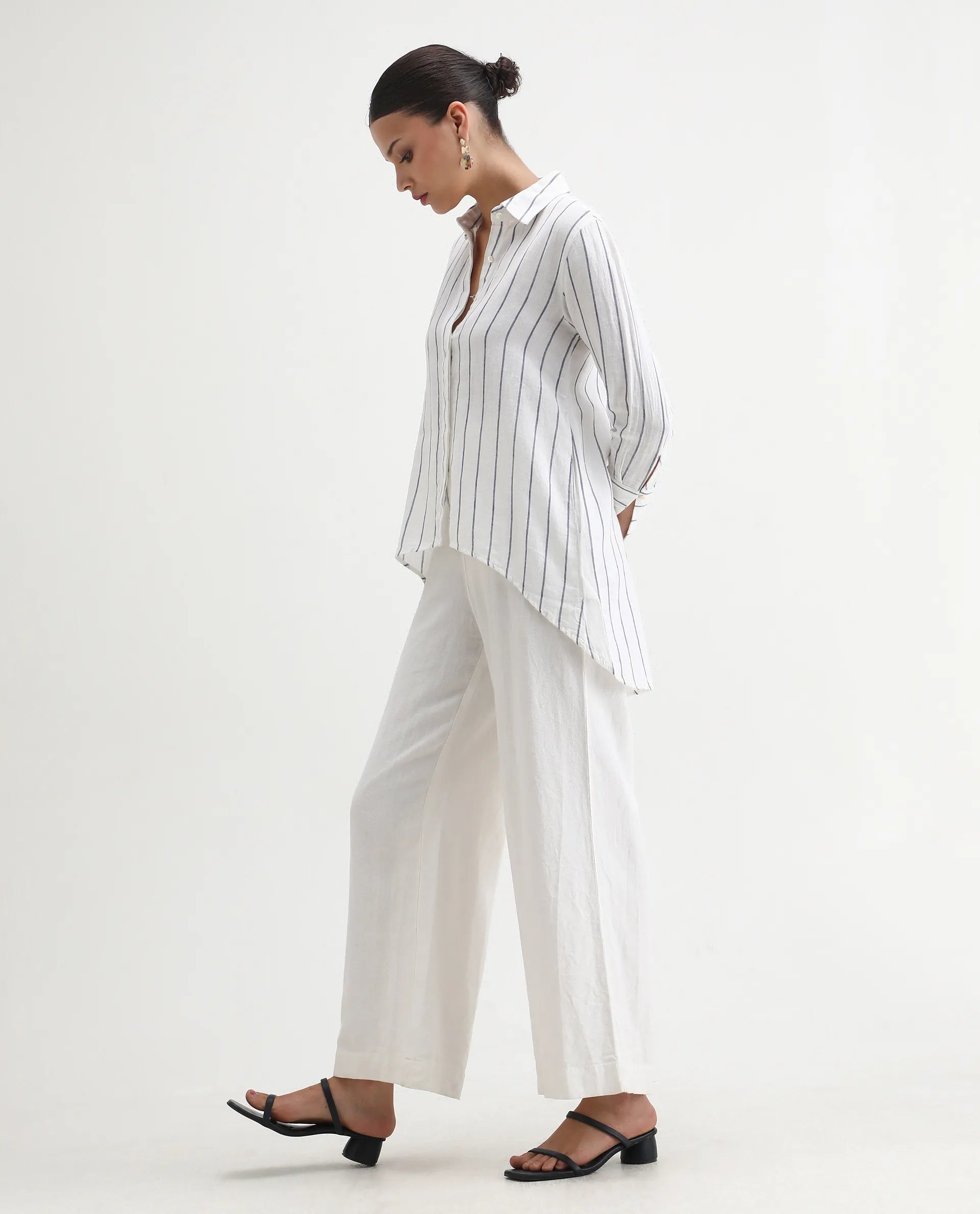 Rareism Women's Sarry Blue Linen Spread Collar Plain Regular Fit Top