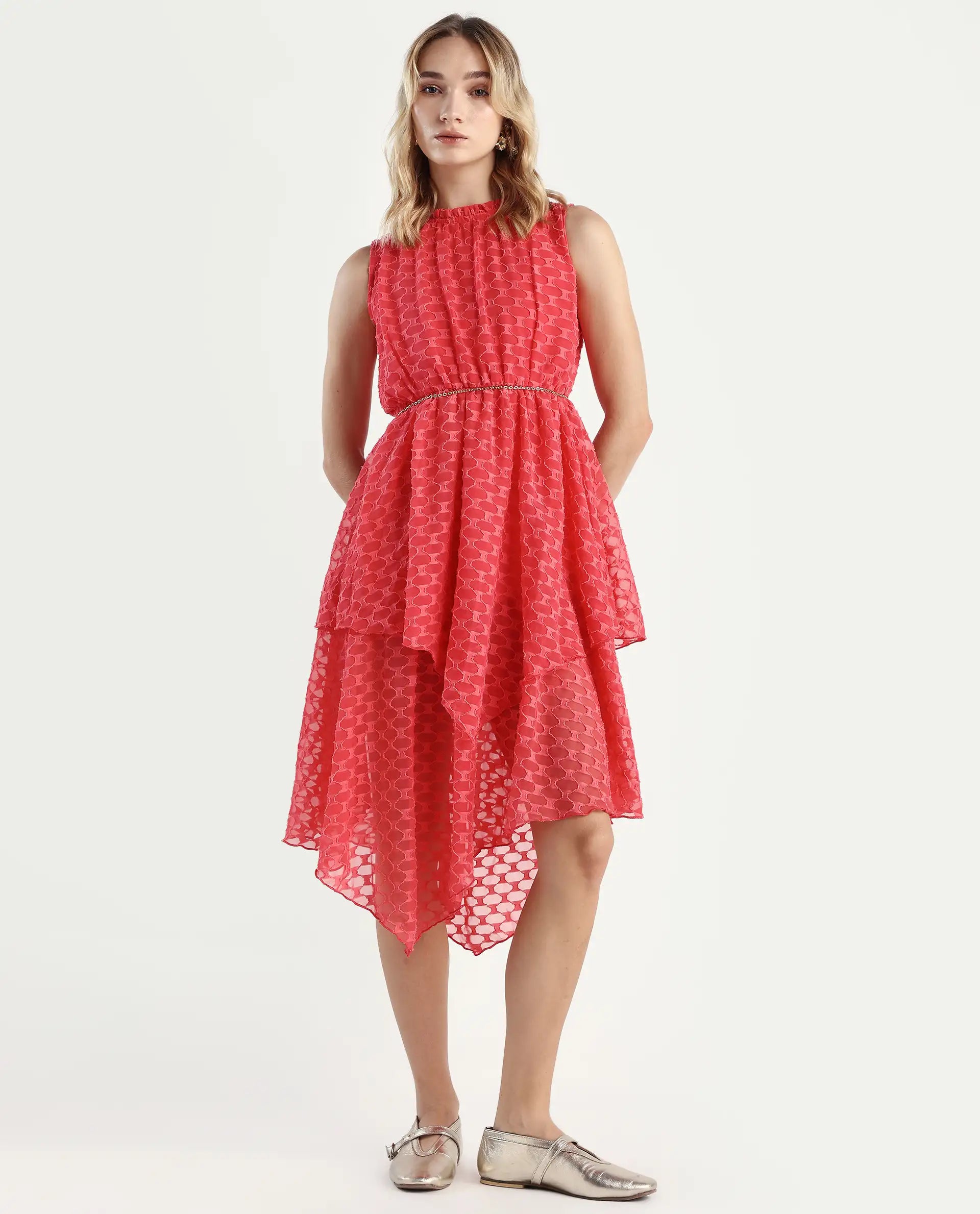 Rareism Women's Sarsa Pastel Pink Polyester Ruffled Neck Jacquard Sleeveless Midi Fit And Flare Dress