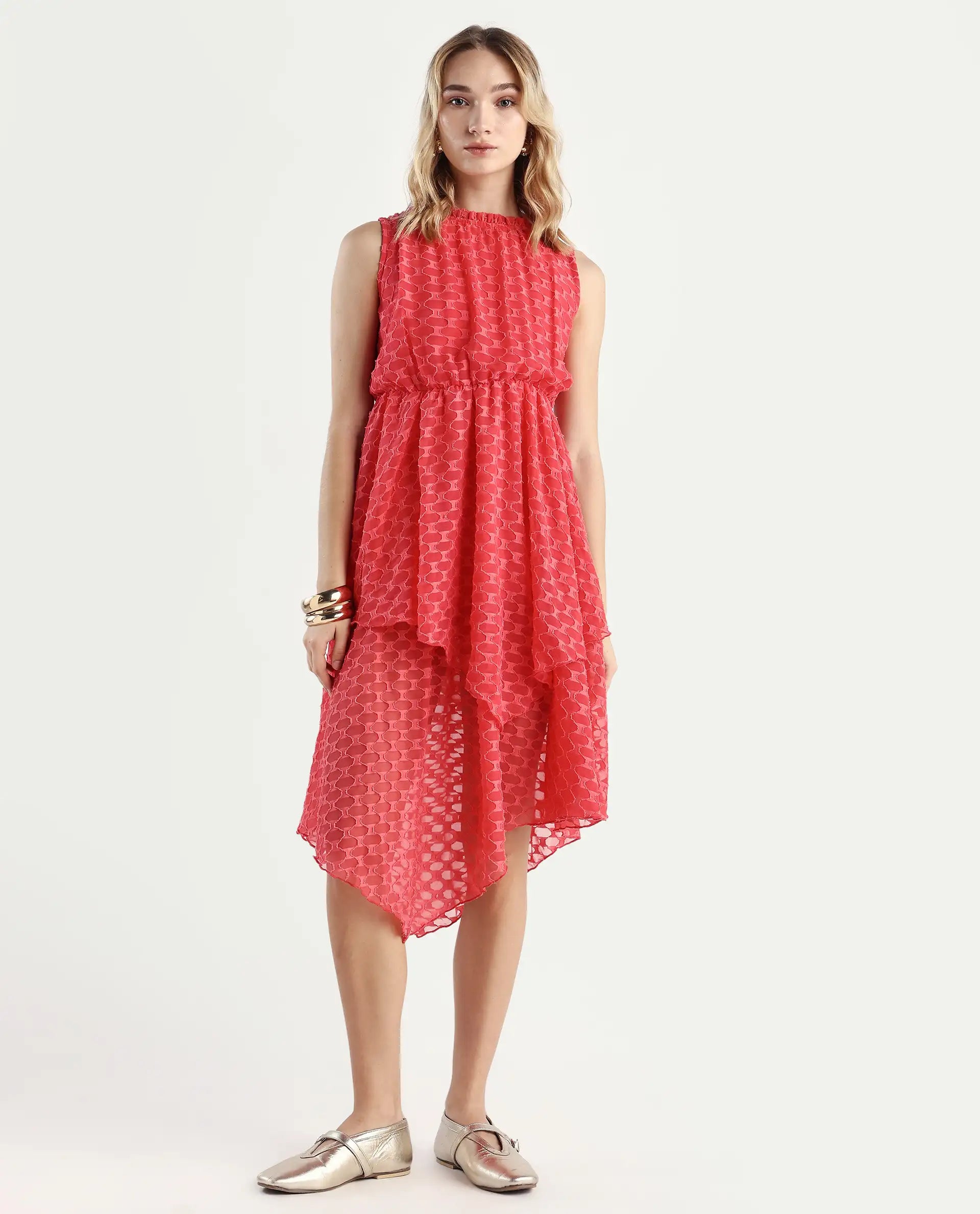 Rareism Women's Sarsa Pastel Pink Polyester Ruffled Neck Jacquard Sleeveless Midi Fit And Flare Dress