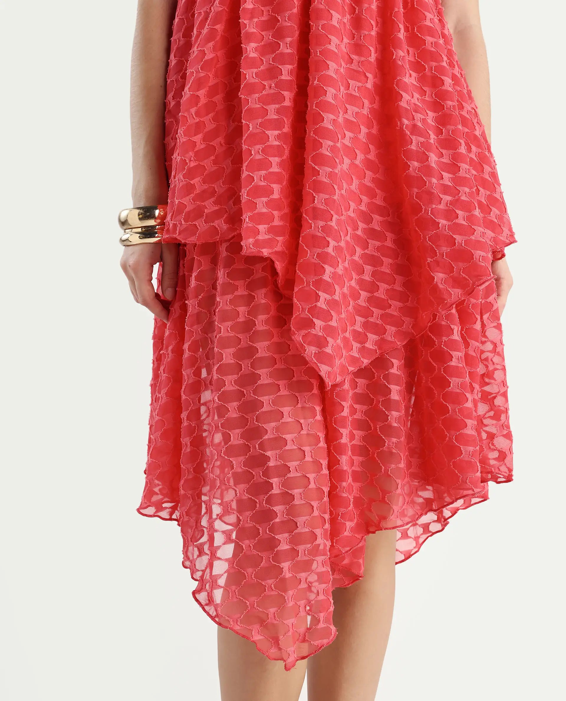 Rareism Women's Sarsa Pastel Pink Polyester Ruffled Neck Jacquard Sleeveless Midi Fit And Flare Dress