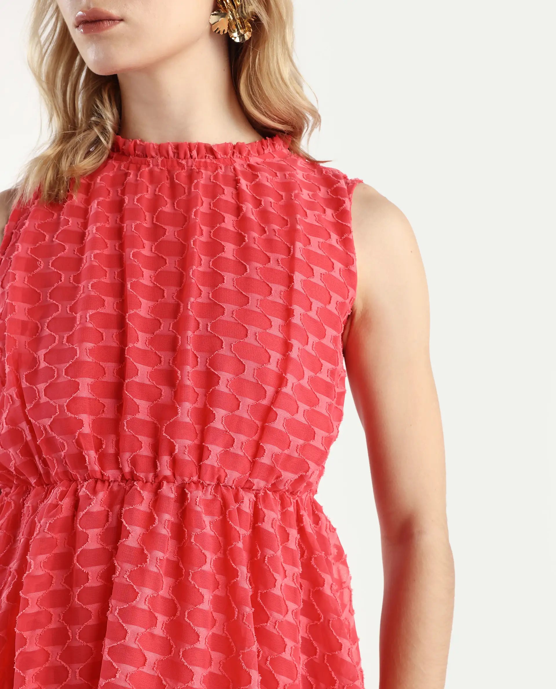 Rareism Women's Sarsa Pastel Pink Polyester Ruffled Neck Jacquard Sleeveless Midi Fit And Flare Dress