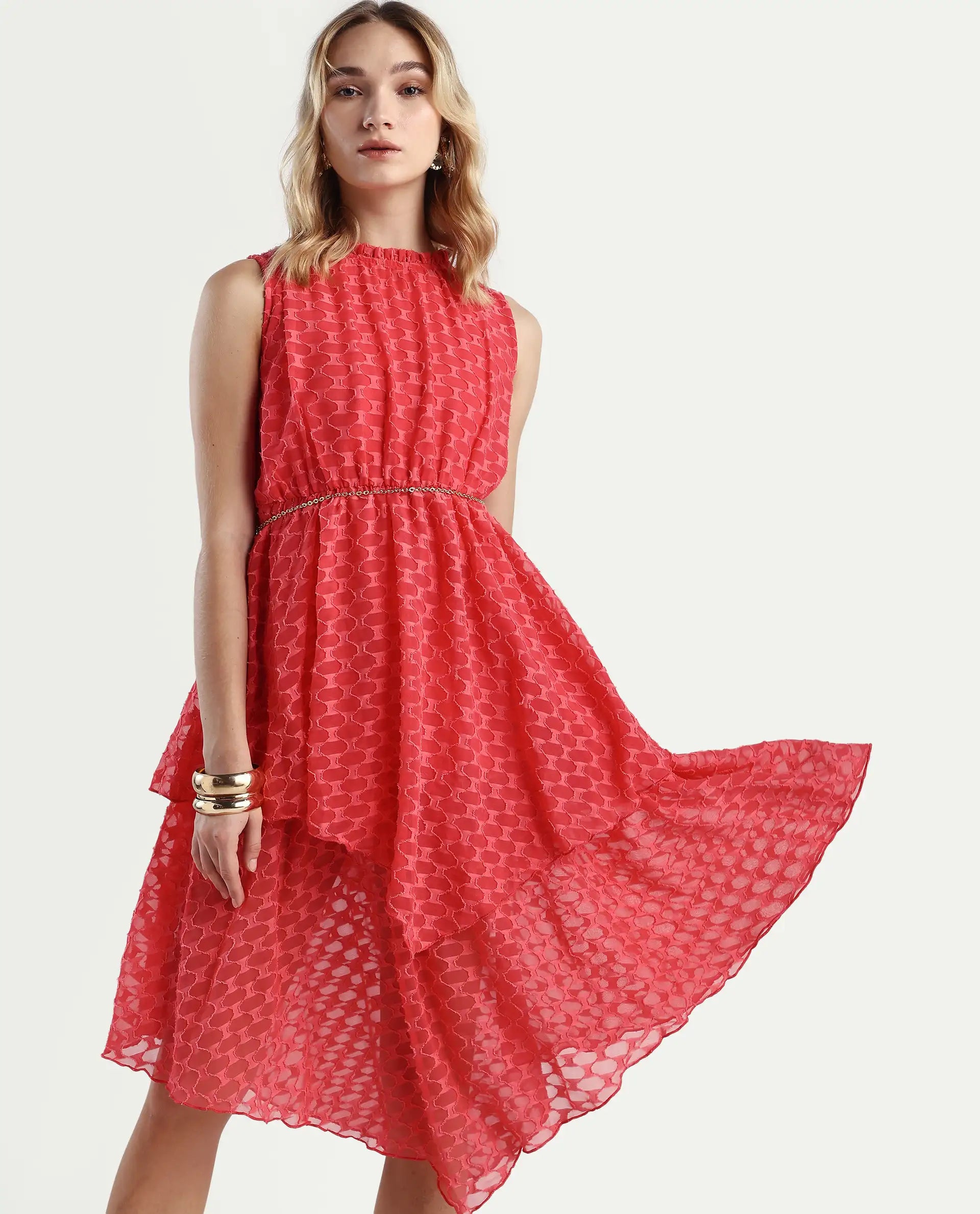 Rareism Women's Sarsa Pastel Pink Polyester Ruffled Neck Jacquard Sleeveless Midi Fit And Flare Dress