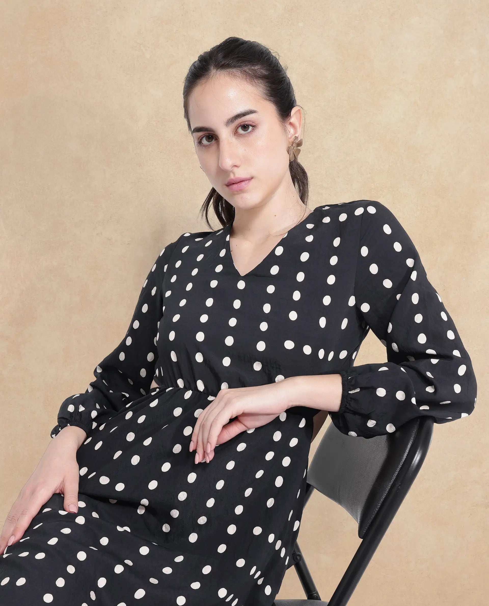Rareism Women Sassari Black Bishop Sleeve V-Neck Tie Up A-Line Polka Print Maxi Dress