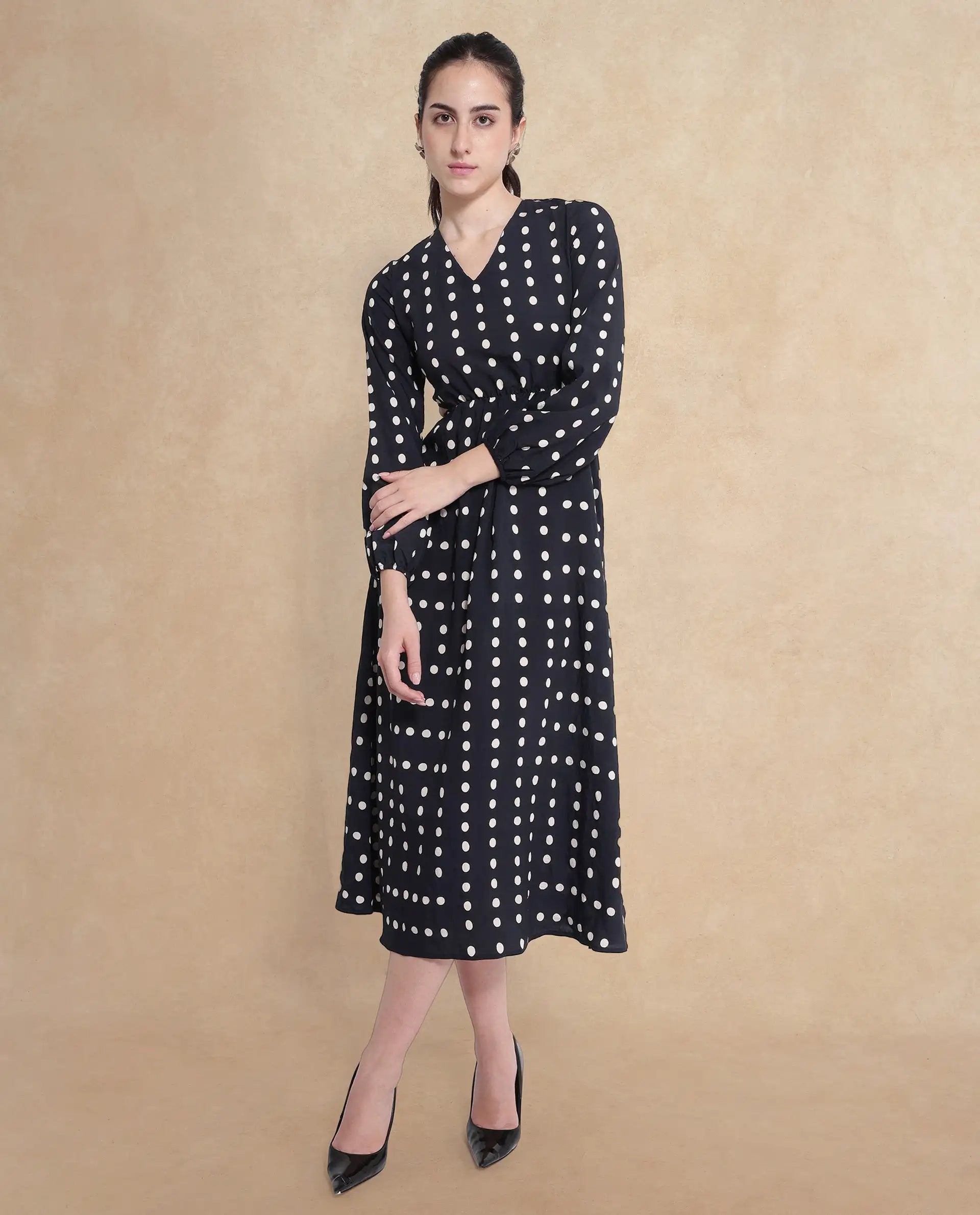 Rareism Women Sassari Black Bishop Sleeve V-Neck Tie Up A-Line Polka Print Maxi Dress
