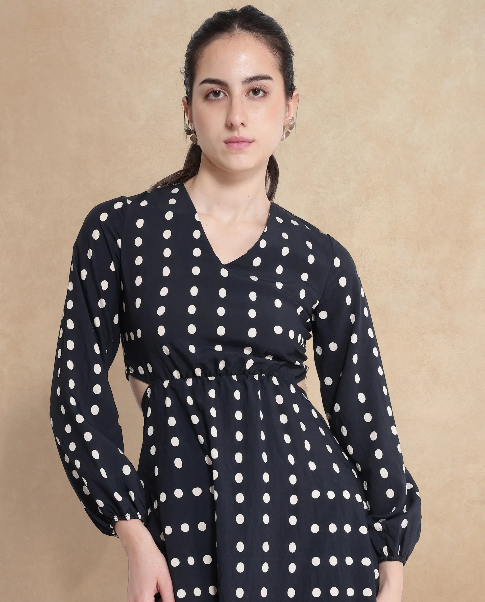 Rareism Women Sassari Black Bishop Sleeve V-Neck Tie Up A-Line Polka Print Maxi Dress