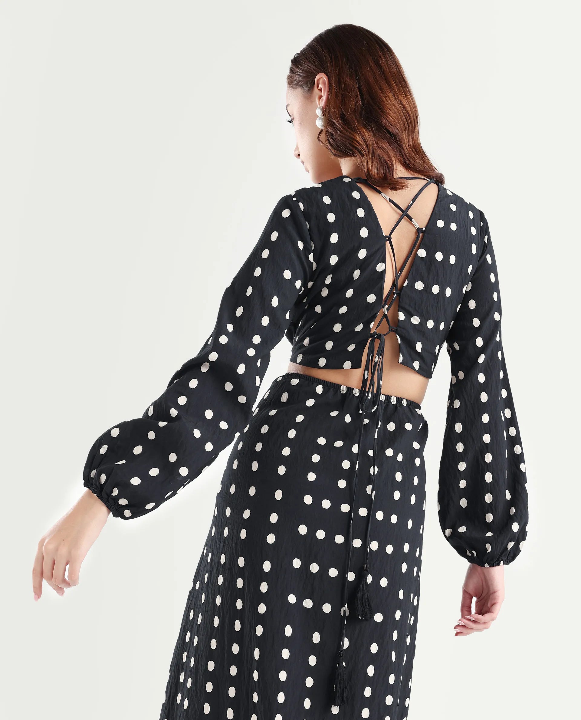 Rareism Women's Sassari Black Nylon Blend V-Neck Polka Print Bishop Sleeve Maxi Regular Fit Dress