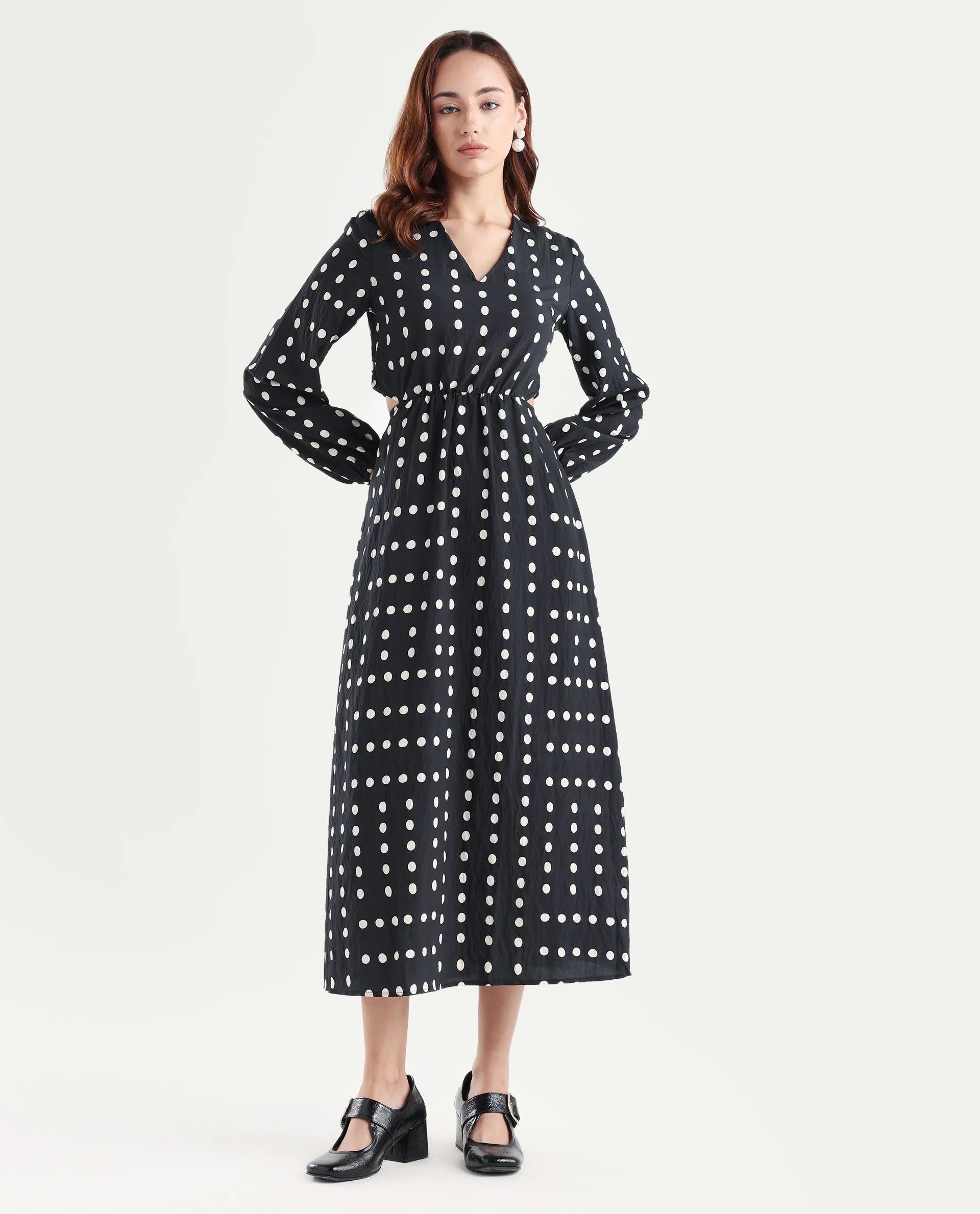 Rareism Women's Sassari Black Nylon Blend V-Neck Polka Print Bishop Sleeve Maxi Regular Fit Dress