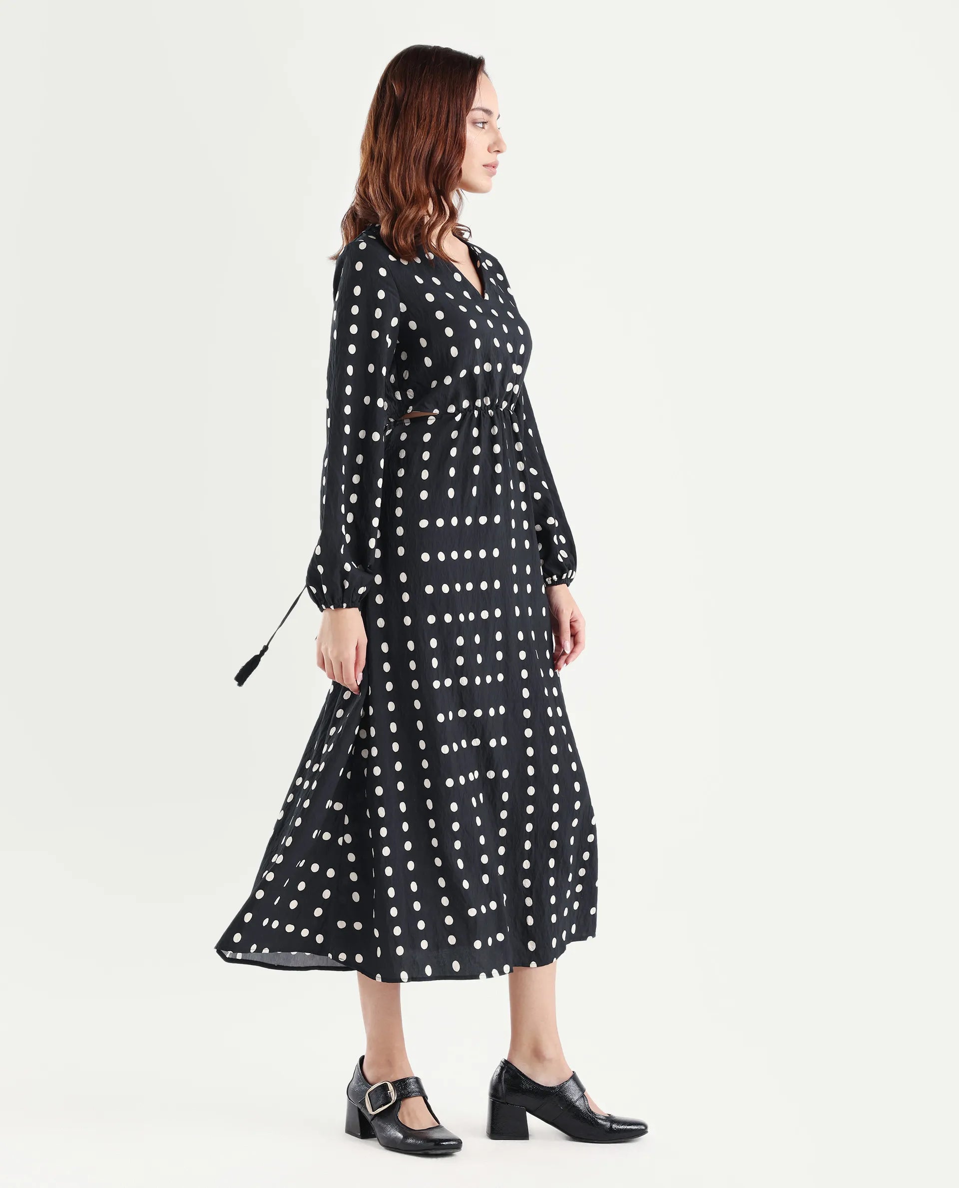 Rareism Women's Sassari Black Nylon Blend V-Neck Polka Print Bishop Sleeve Maxi Regular Fit Dress