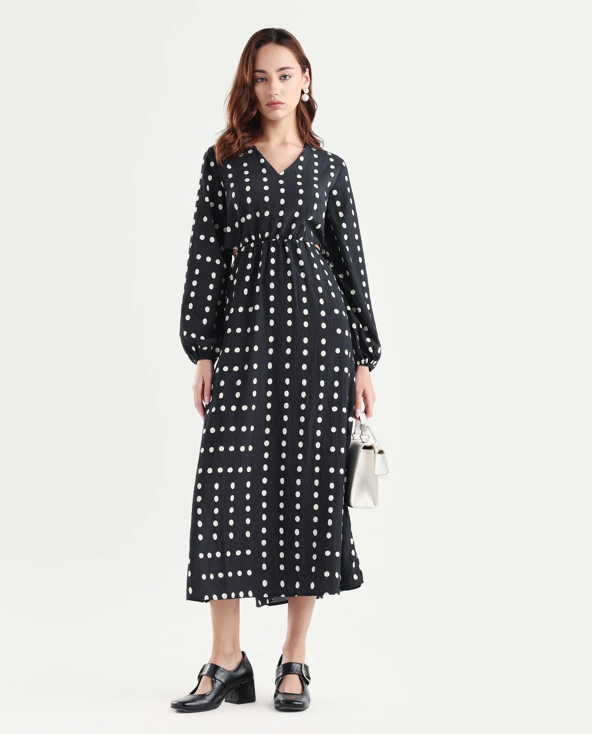 Rareism Women's Sassari Black Nylon Blend V-Neck Polka Print Bishop Sleeve Maxi Regular Fit Dress