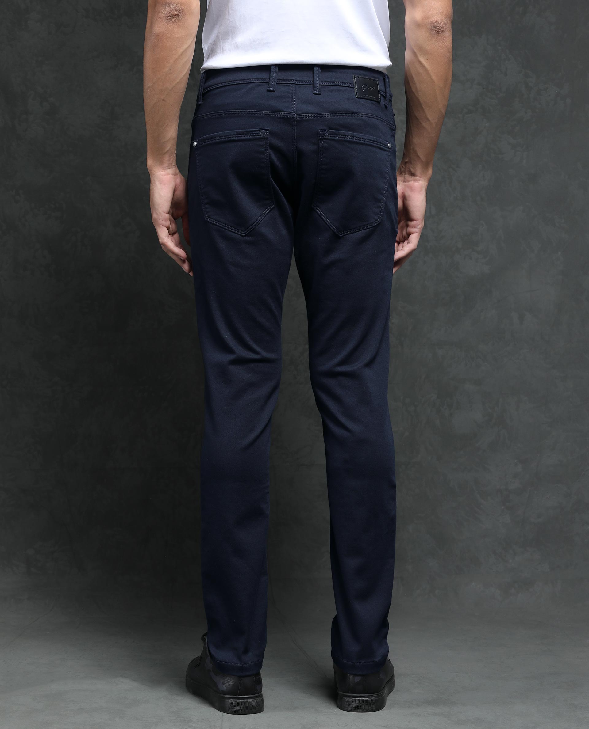 Rare Rabbit Men's Saton Navy Dark Wash Mid-Rise Satin Stretch Slim Fit Jeans