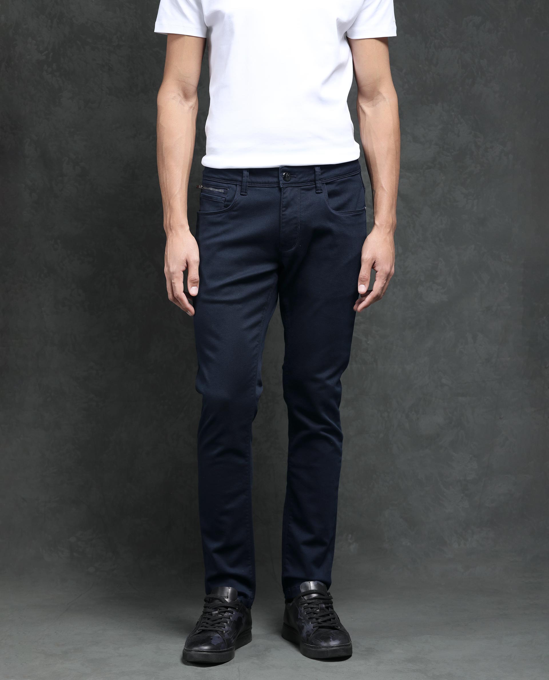 Rare Rabbit Men's Saton Navy Dark Wash Mid-Rise Satin Stretch Slim Fit Jeans