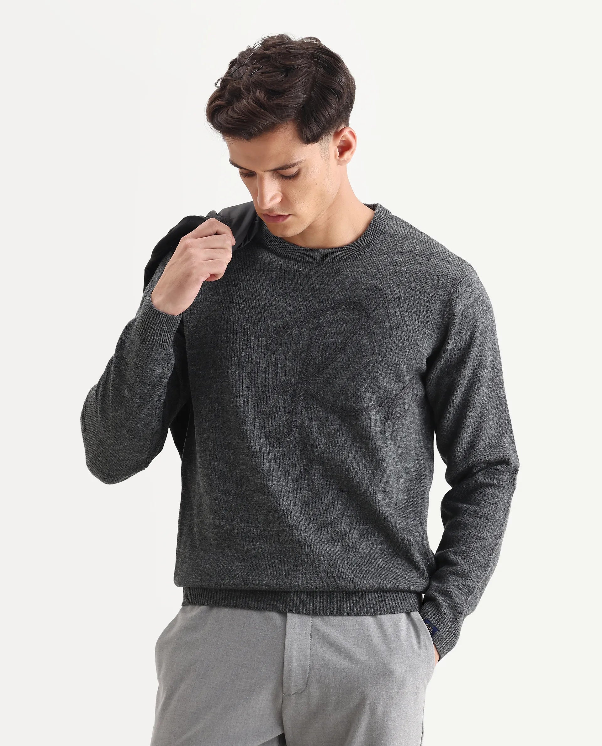 Rare Rabbit Men's Saturno Dusky Grey Acrylic Embroidered Regular Fit Full Sleeve Crew Neck Sweater