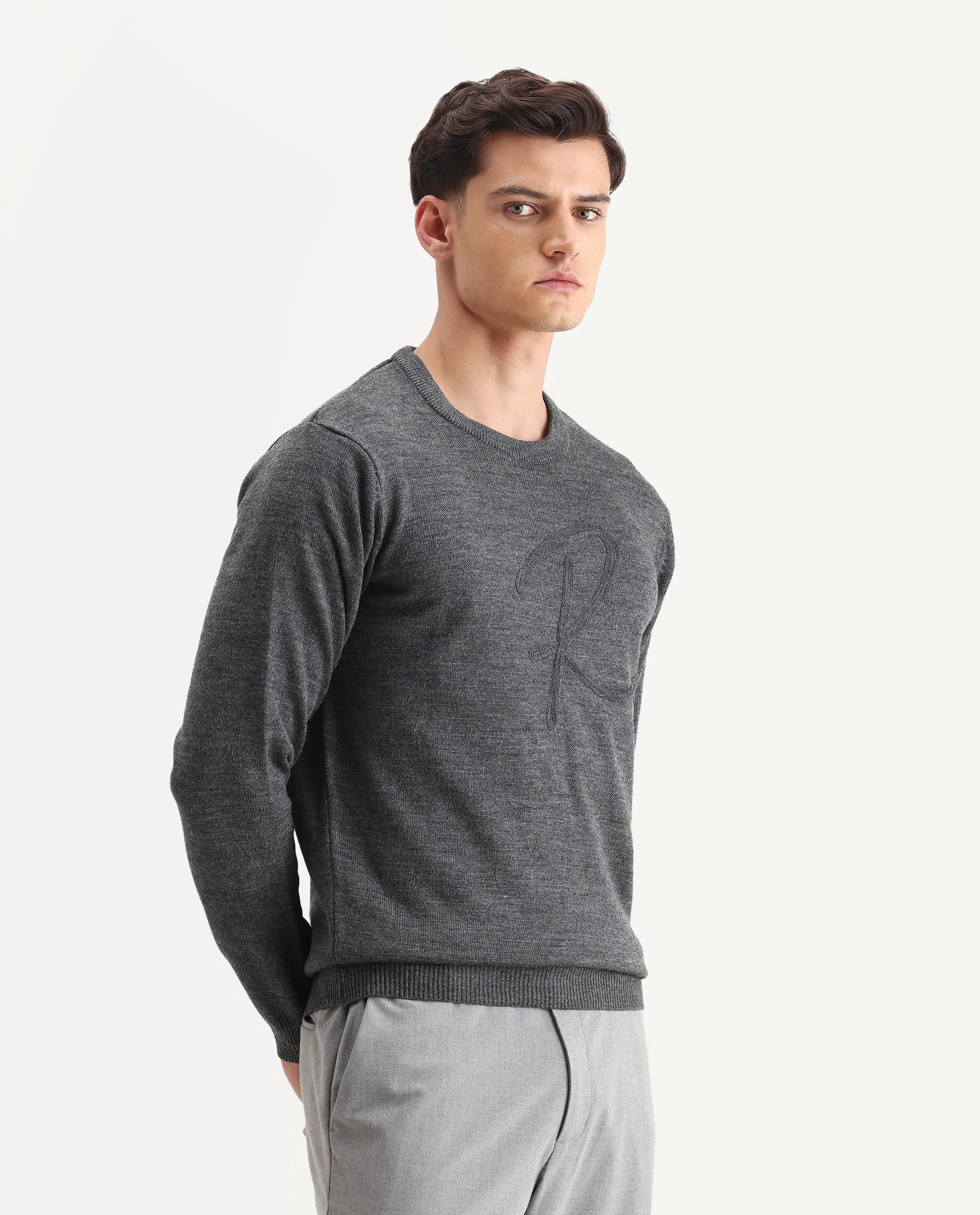 Rare Rabbit Men's Saturno Dusky Grey Acrylic Embroidered Regular Fit Full Sleeve Crew Neck Sweater