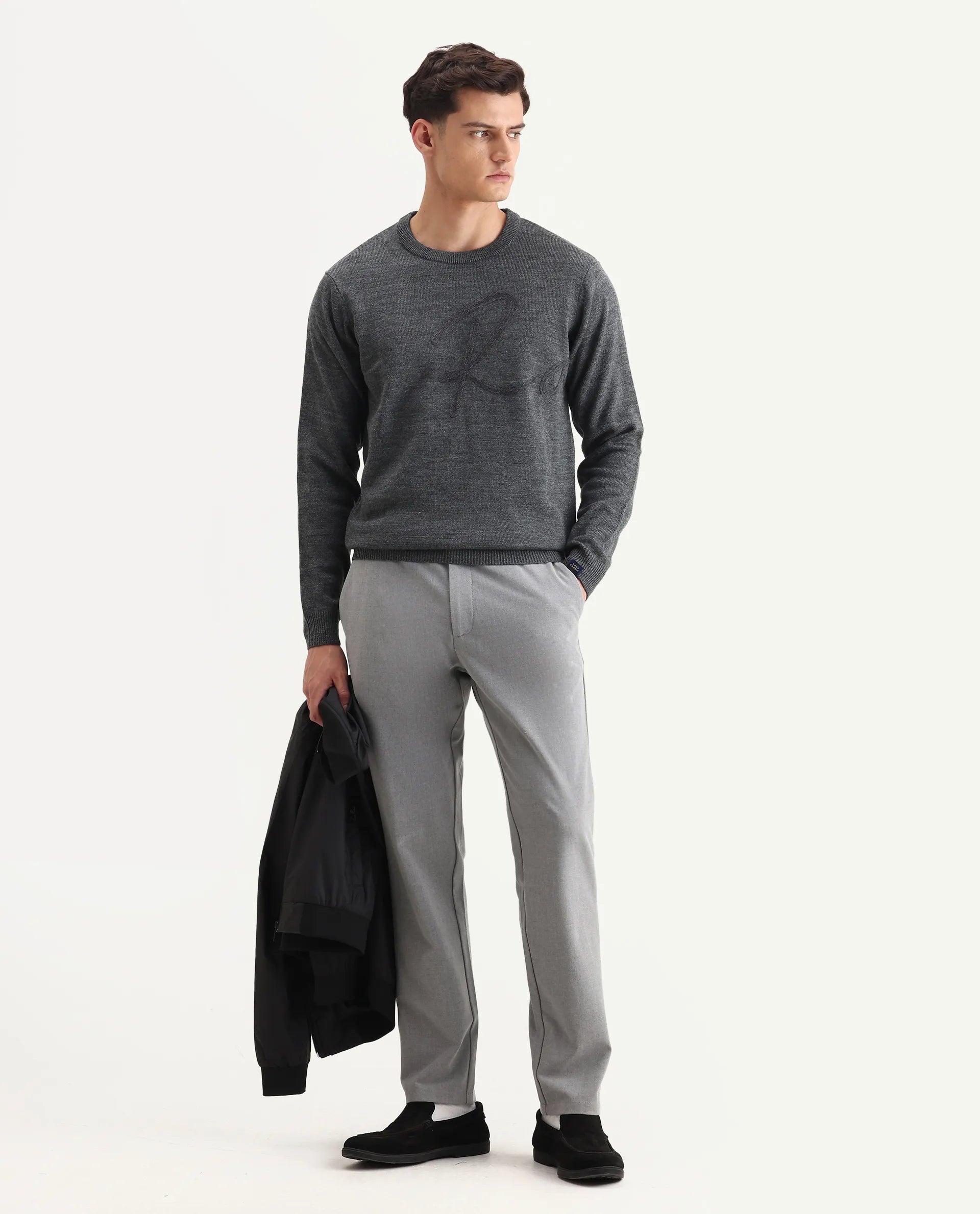 Rare Rabbit Men's Saturno Dusky Grey Acrylic Embroidered Regular Fit Full Sleeve Crew Neck Sweater