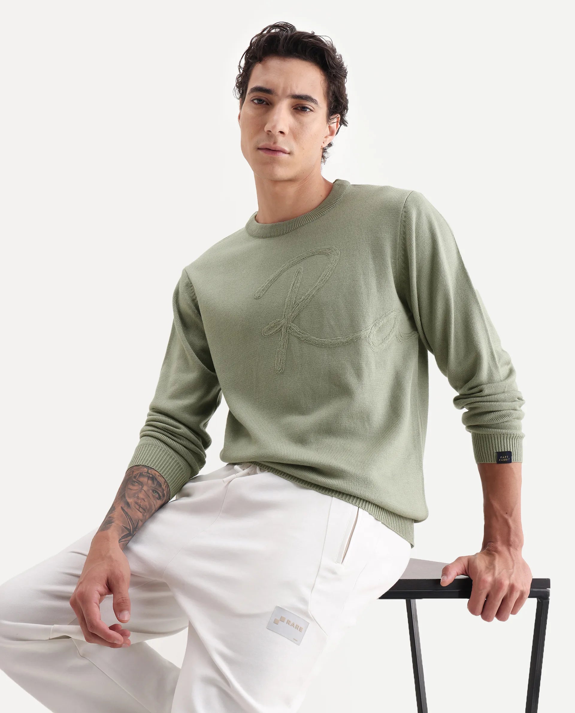 Rare Rabbit Men's Saturno Light Olive Acrylic Embroidered Regular Fit Full Sleeve Crew Neck Sweater