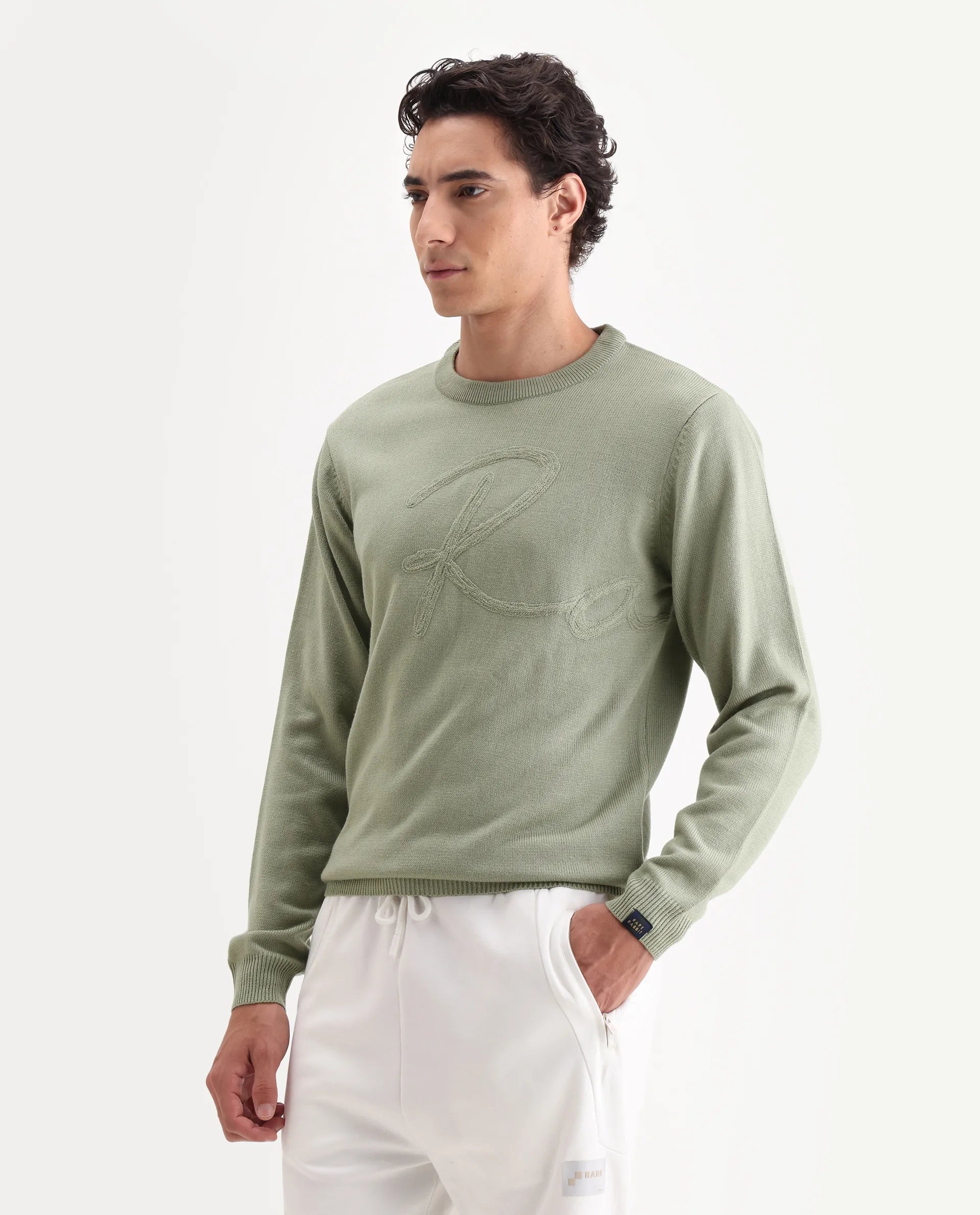 Rare Rabbit Men's Saturno Light Olive Acrylic Embroidered Regular Fit Full Sleeve Crew Neck Sweater