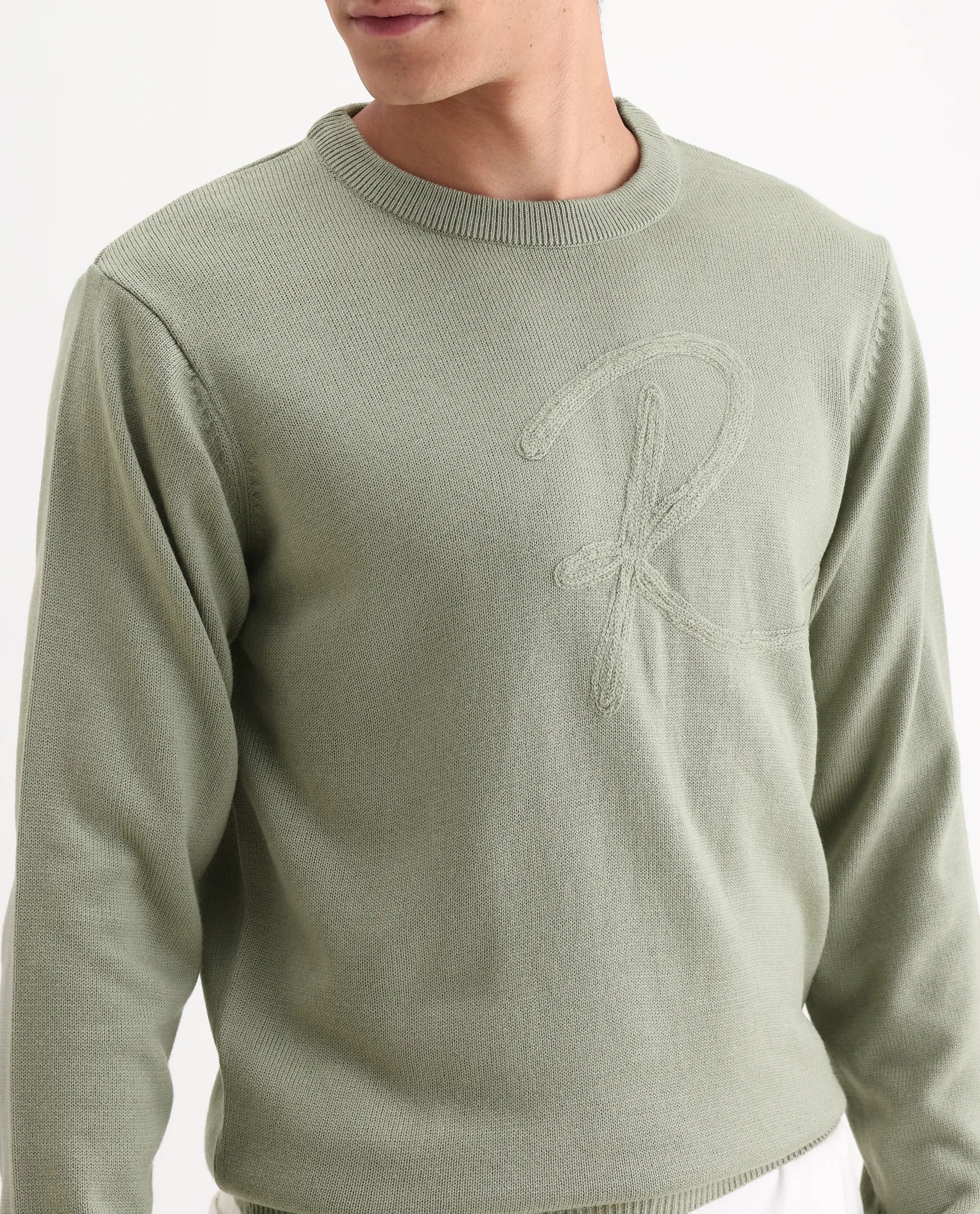 Rare Rabbit Men's Saturno Light Olive Acrylic Embroidered Regular Fit Full Sleeve Crew Neck Sweater