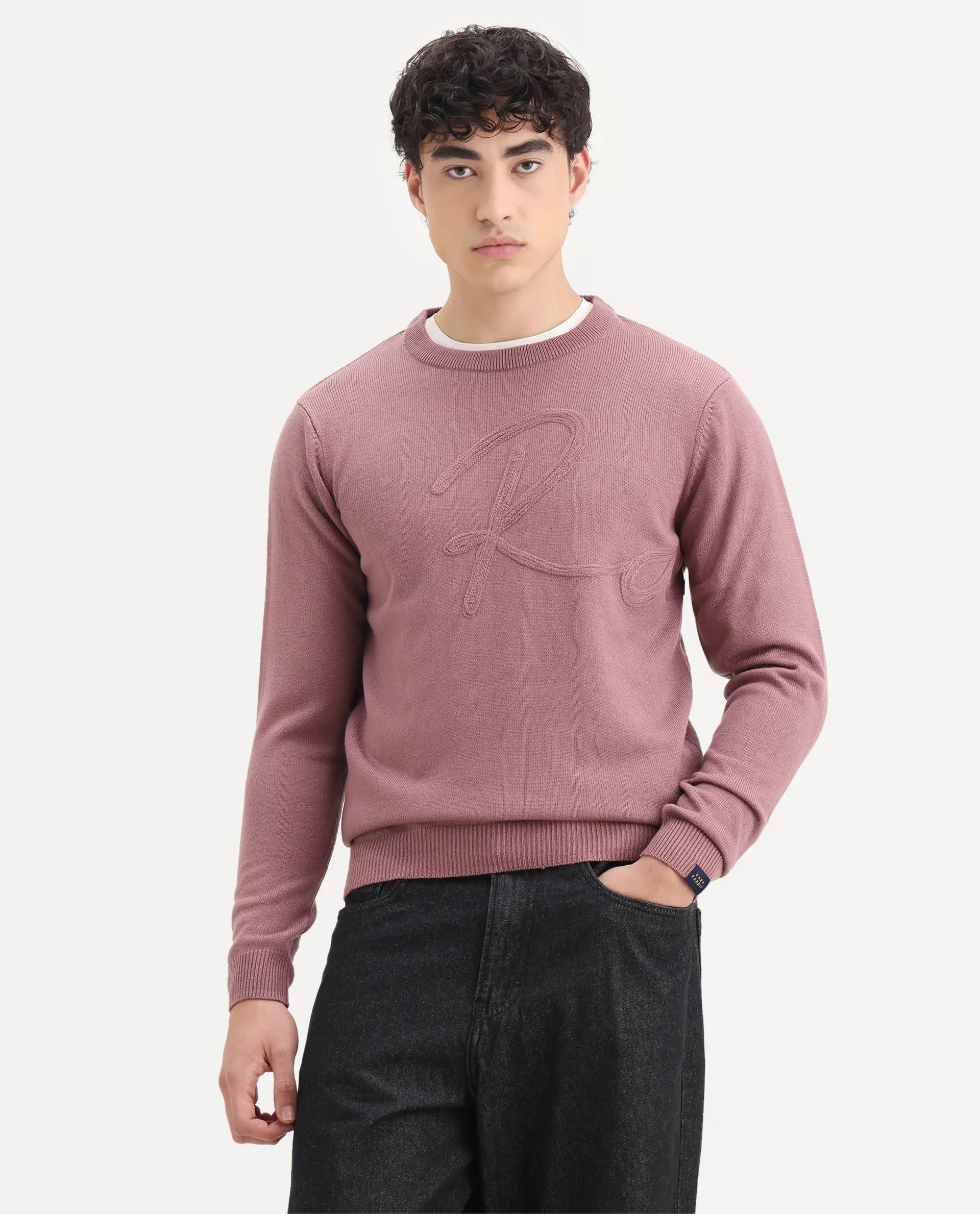 Rare Rabbit Men's Saturno Pink Acrylic Embroidered Regular Fit Full Sleeve Crew Neck Sweater