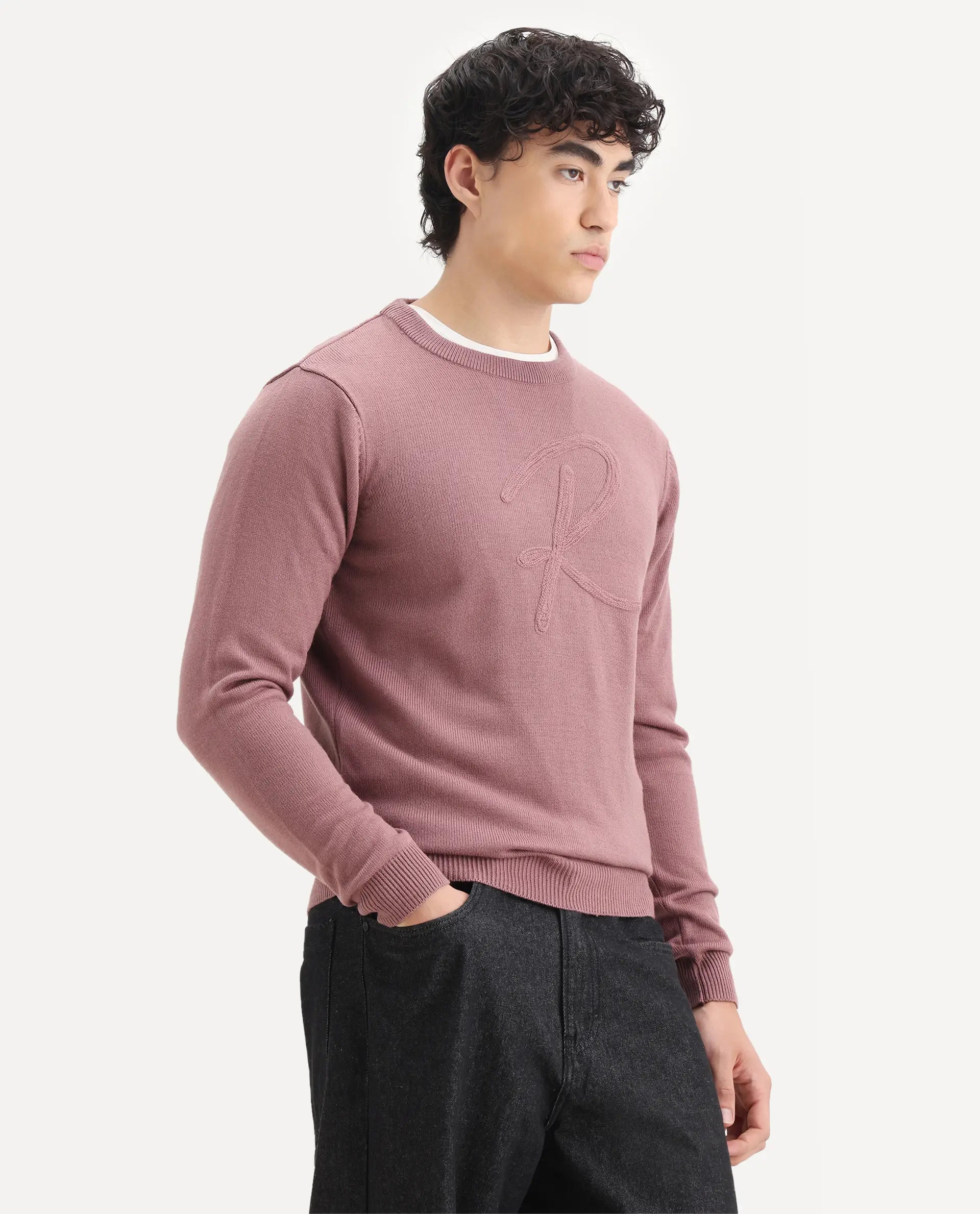 Rare Rabbit Men's Saturno Pink Acrylic Embroidered Regular Fit Full Sleeve Crew Neck Sweater