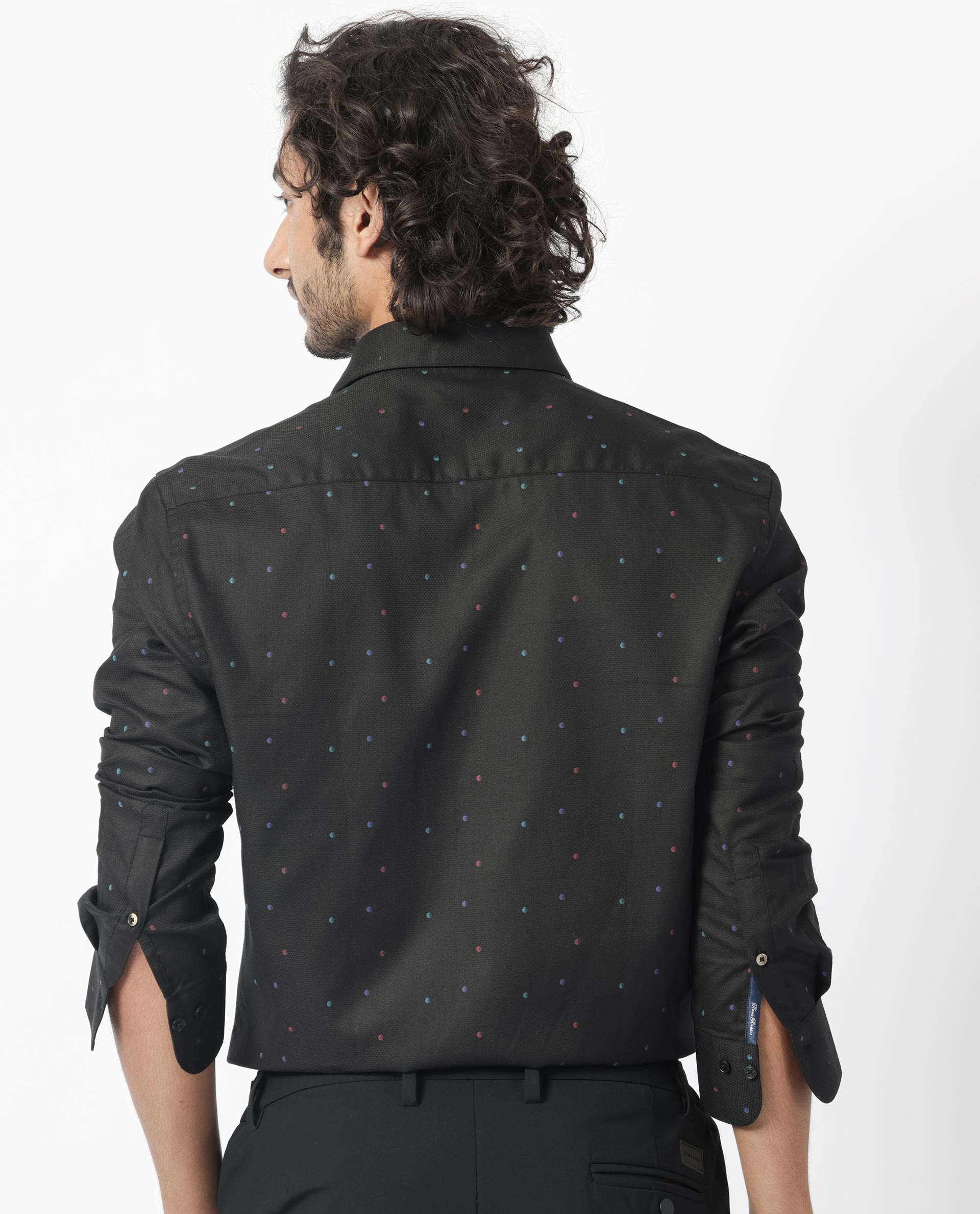 Rare Rabbit Men's Saturns Black Cotton Fabric Geo Dot Print Full Sleeves Shirt