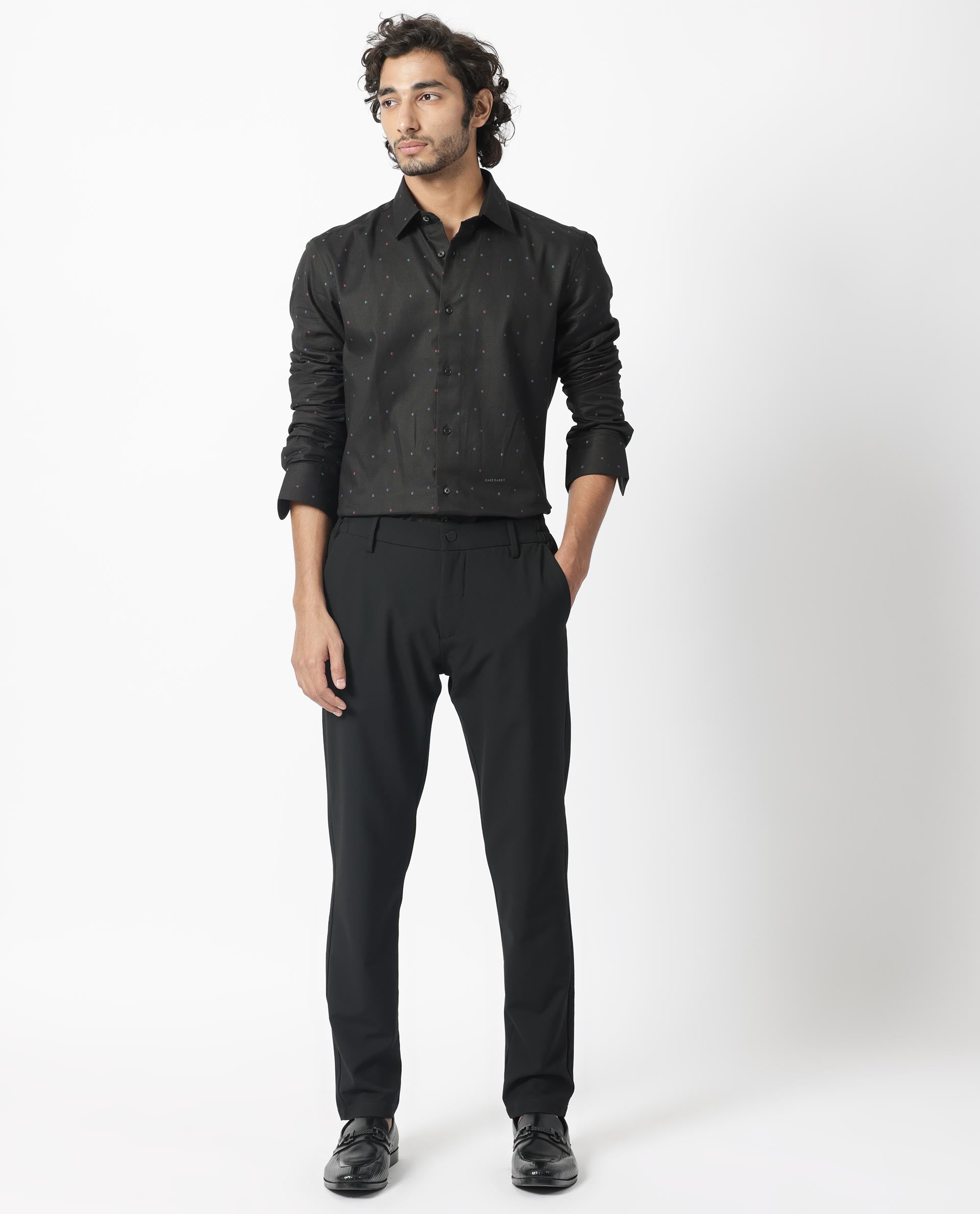 Rare Rabbit Men's Saturns Black Cotton Fabric Geo Dot Print Full Sleeves Shirt