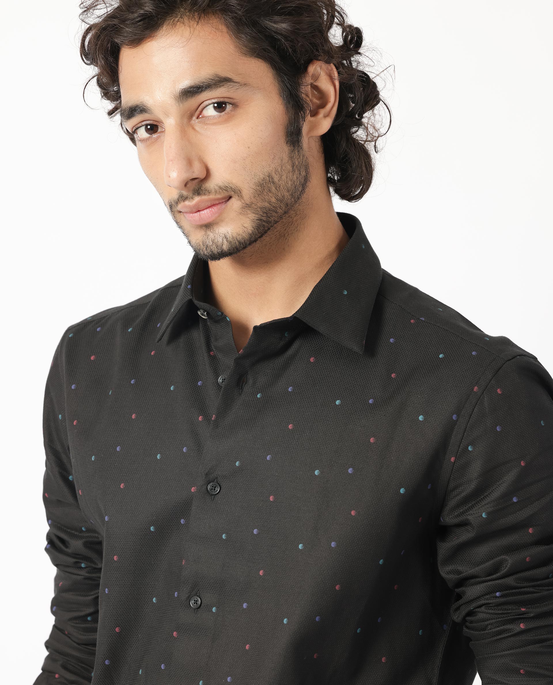 Rare Rabbit Men's Saturns Black Cotton Fabric Geo Dot Print Full Sleeves Shirt