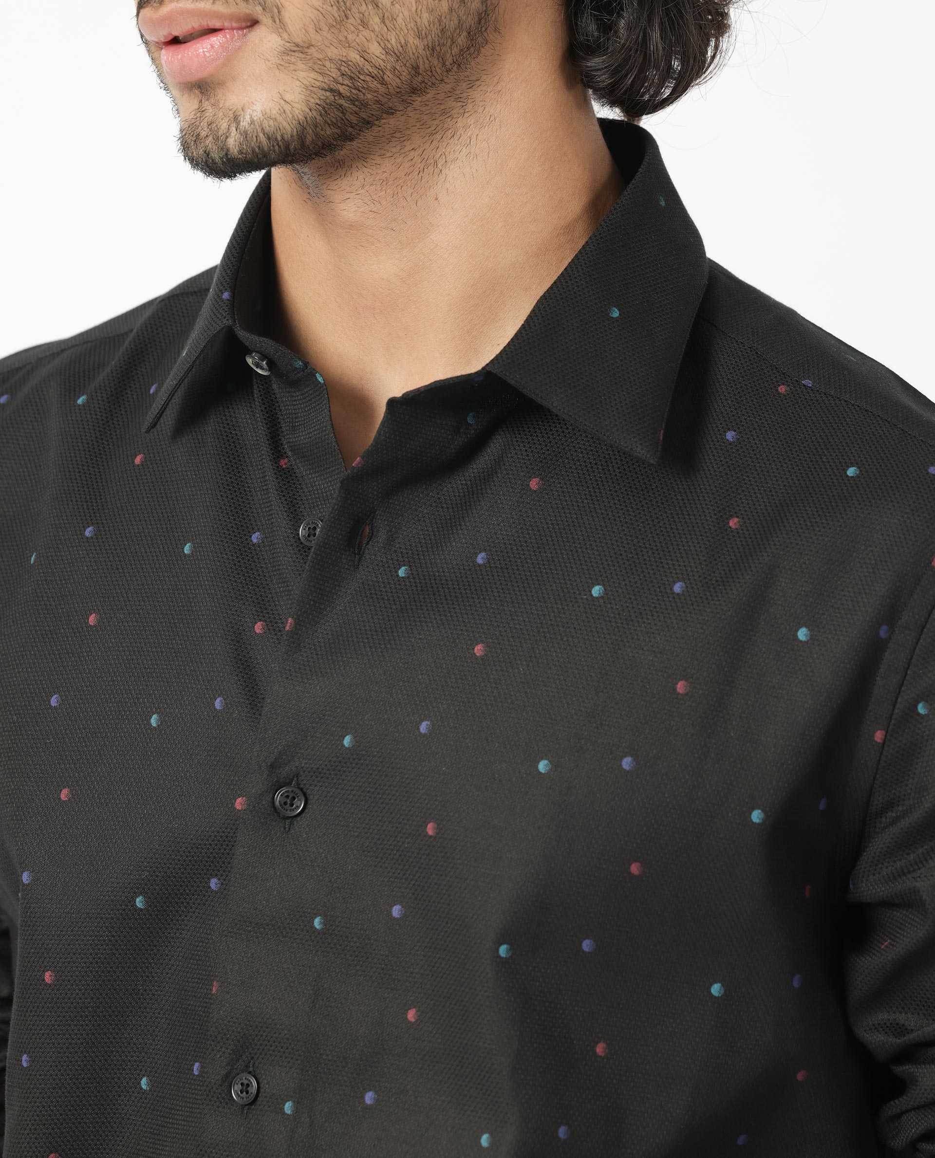 Rare Rabbit Men's Saturns Black Cotton Fabric Geo Dot Print Full Sleeves Shirt