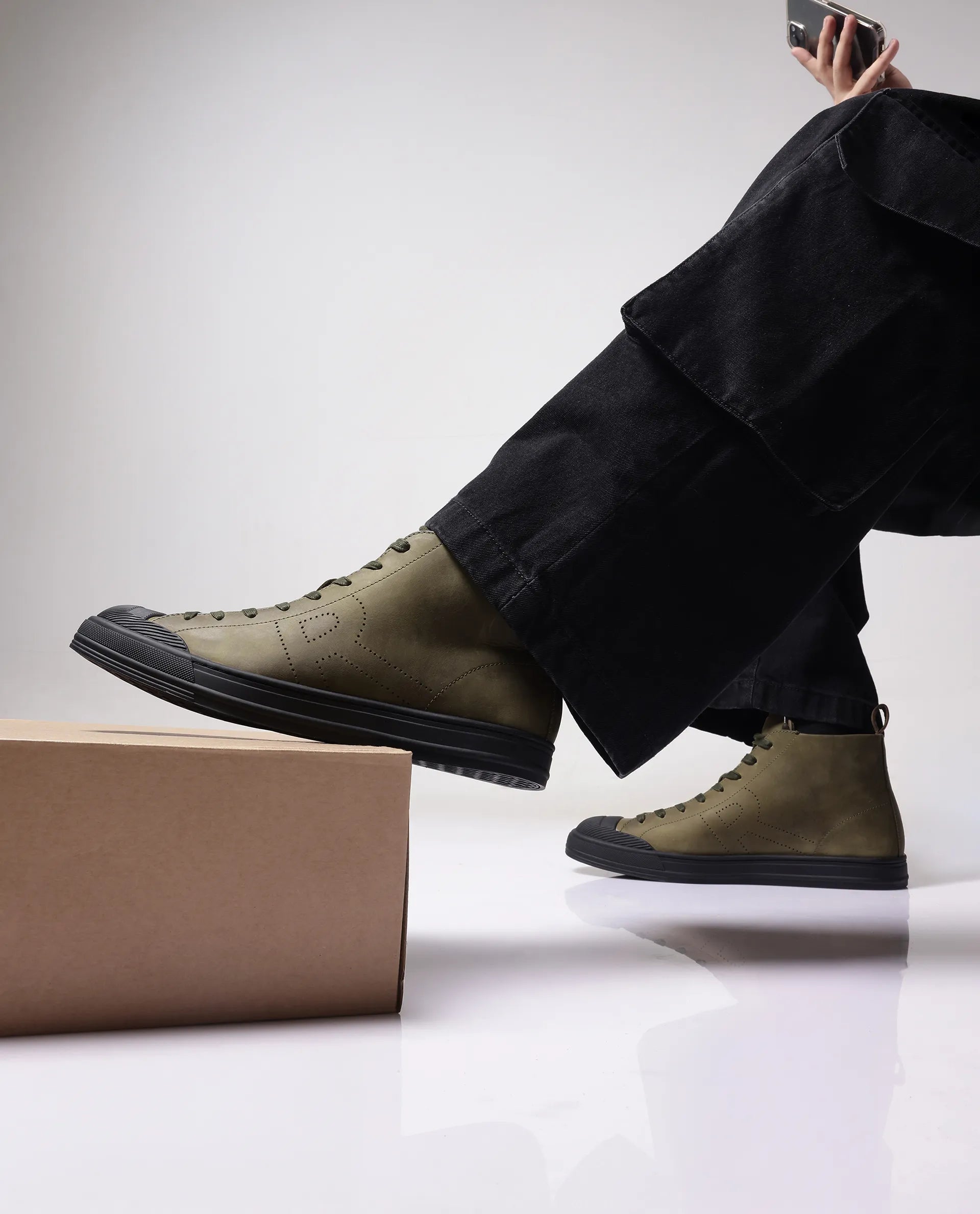 Rare Rabbit Men's Sauroil Hi Pro Military Green High-Top Lace Up Premium Oil Pull-Up Leather Sneaker