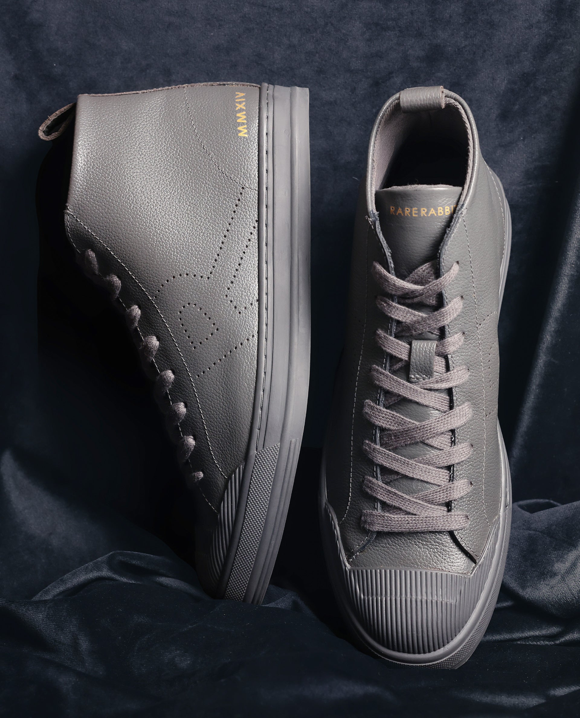 Rare Rabbit Mens Sauron Hi Pro Dark Grey Premium Milled Leather Lace Up High Top Round Toe Sneaker Shoes