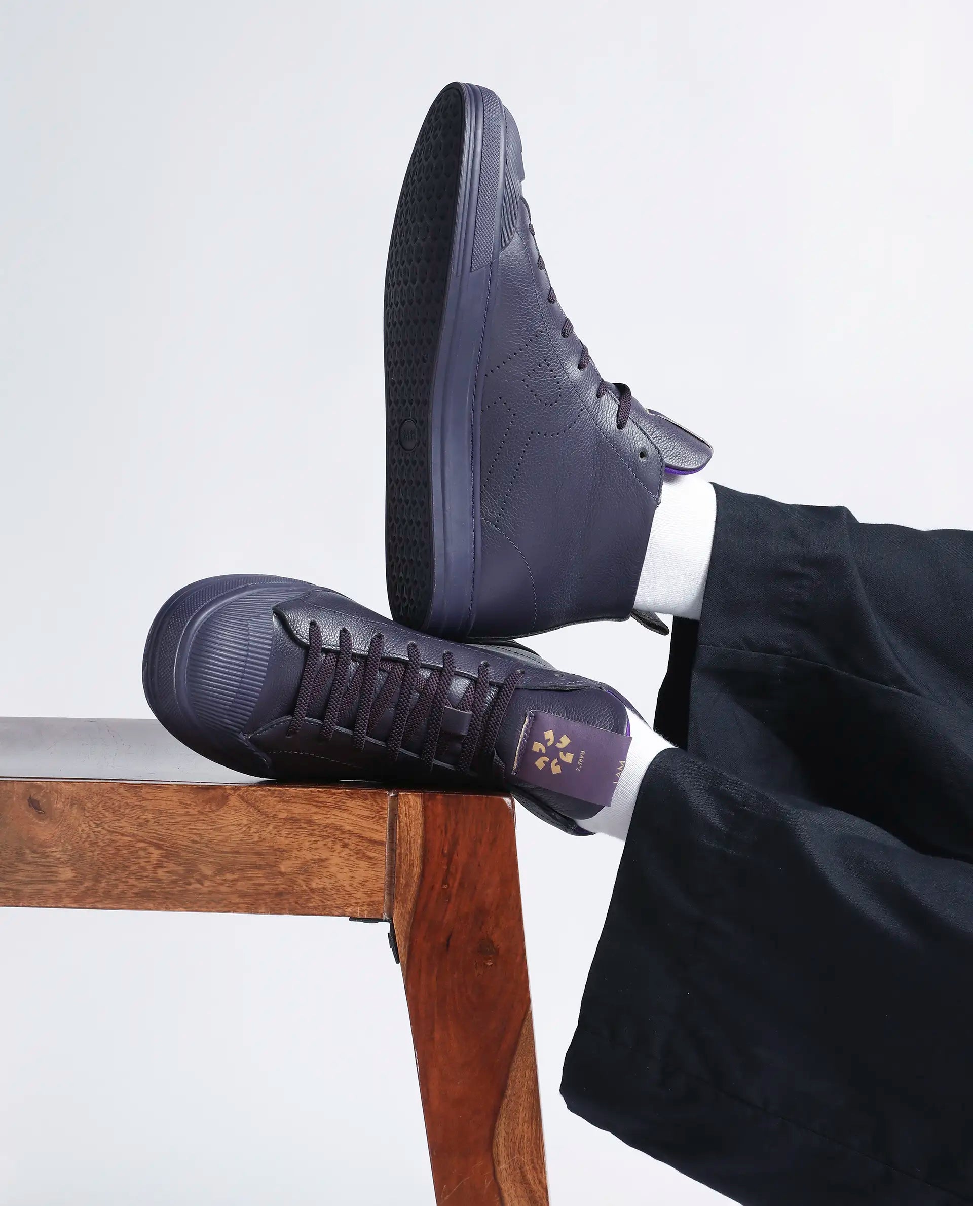 Rare Rabbit Men Sauron Hi Pro Dark Purple Leather Lace-Up Closure Sneaker