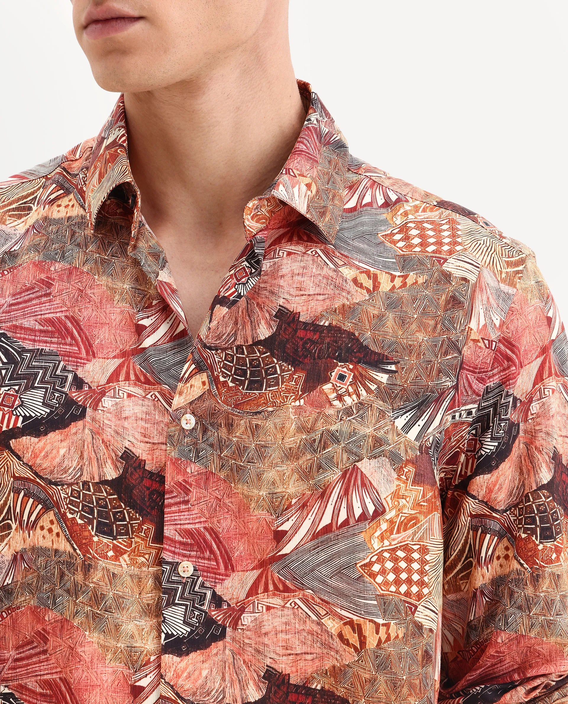 Rare Rabbit Men's Sava Rust Viscose Fabric Collared Neck Regular Fit Abstract Print Shirt