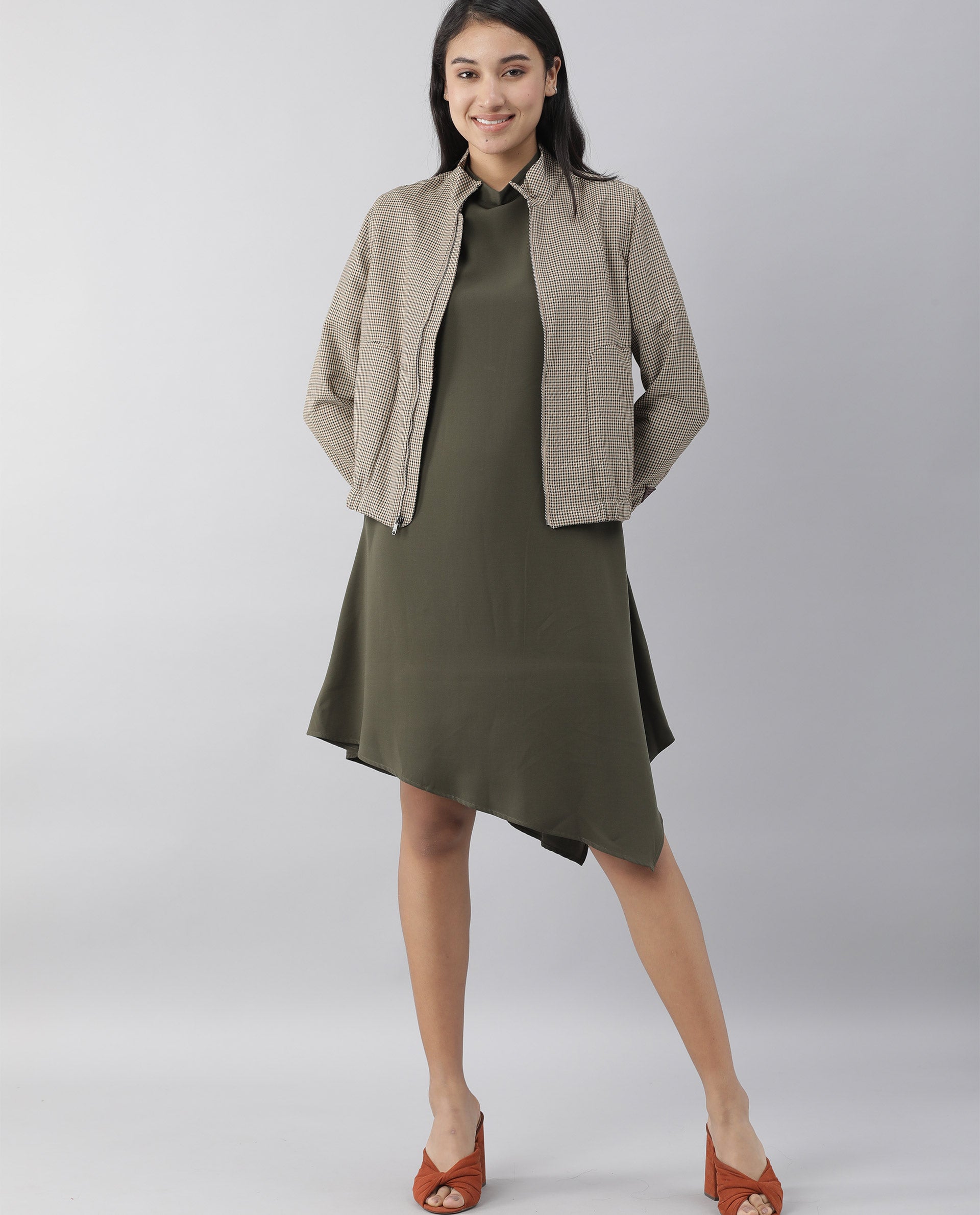 Rareism Women Savce Green Dress Short Sleeves Solid
