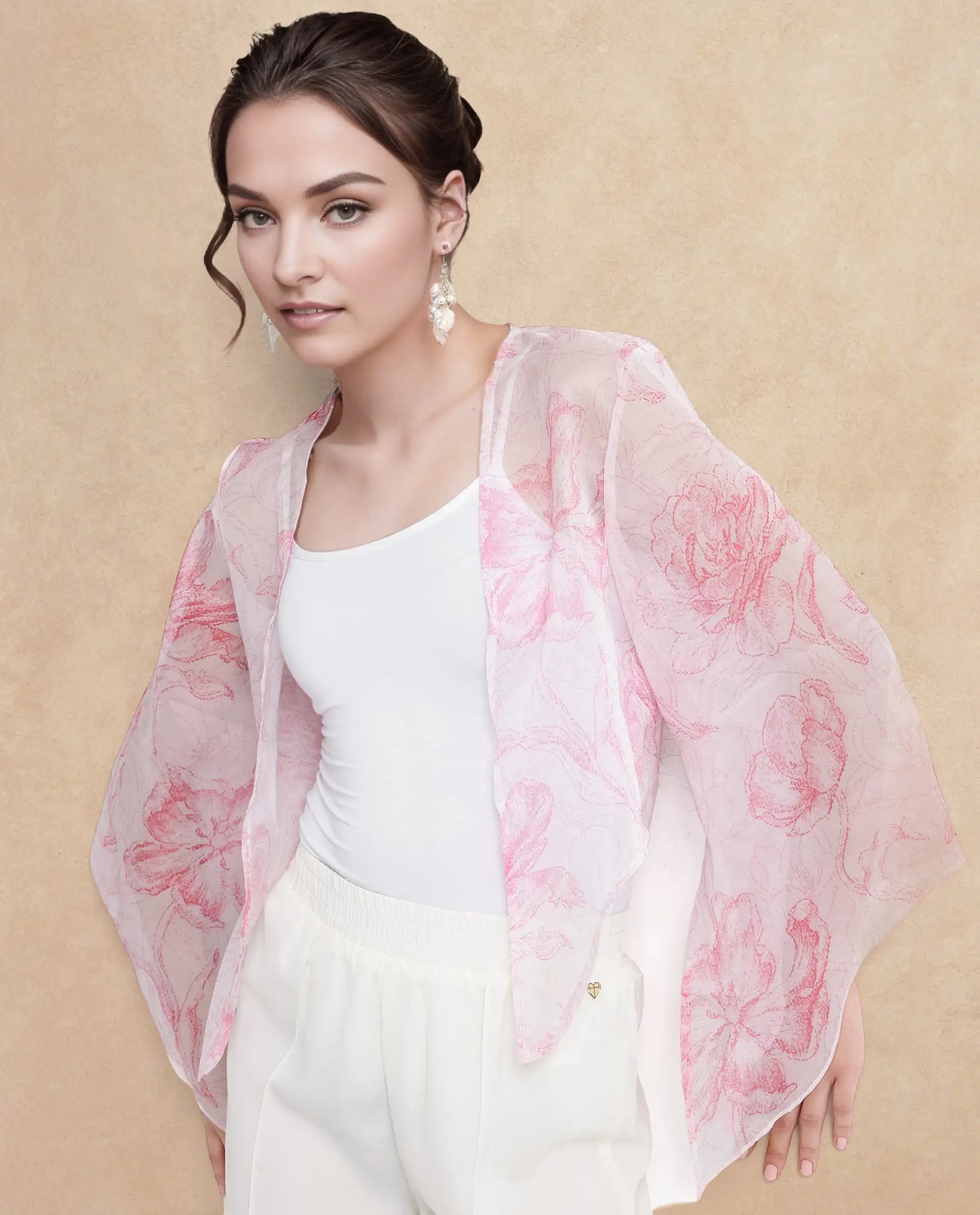 Rareism Women's Savona Multi Polyester Collarless Abstract Print Flared Sleeve Relaxed Fit Shrug