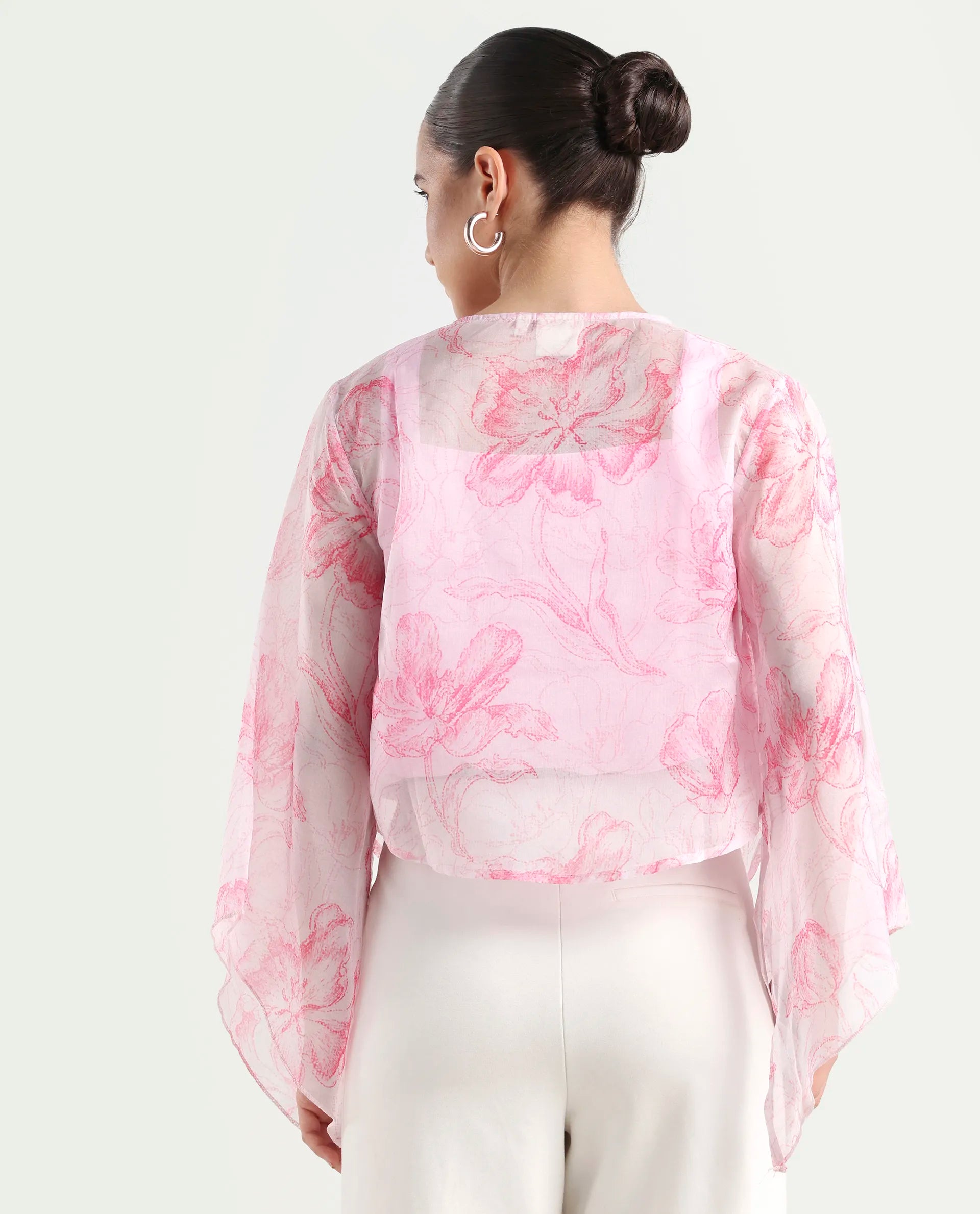 Rareism Women's Savona Multi Polyester Collarless Abstract Print Flared Sleeve Relaxed Fit Shrug