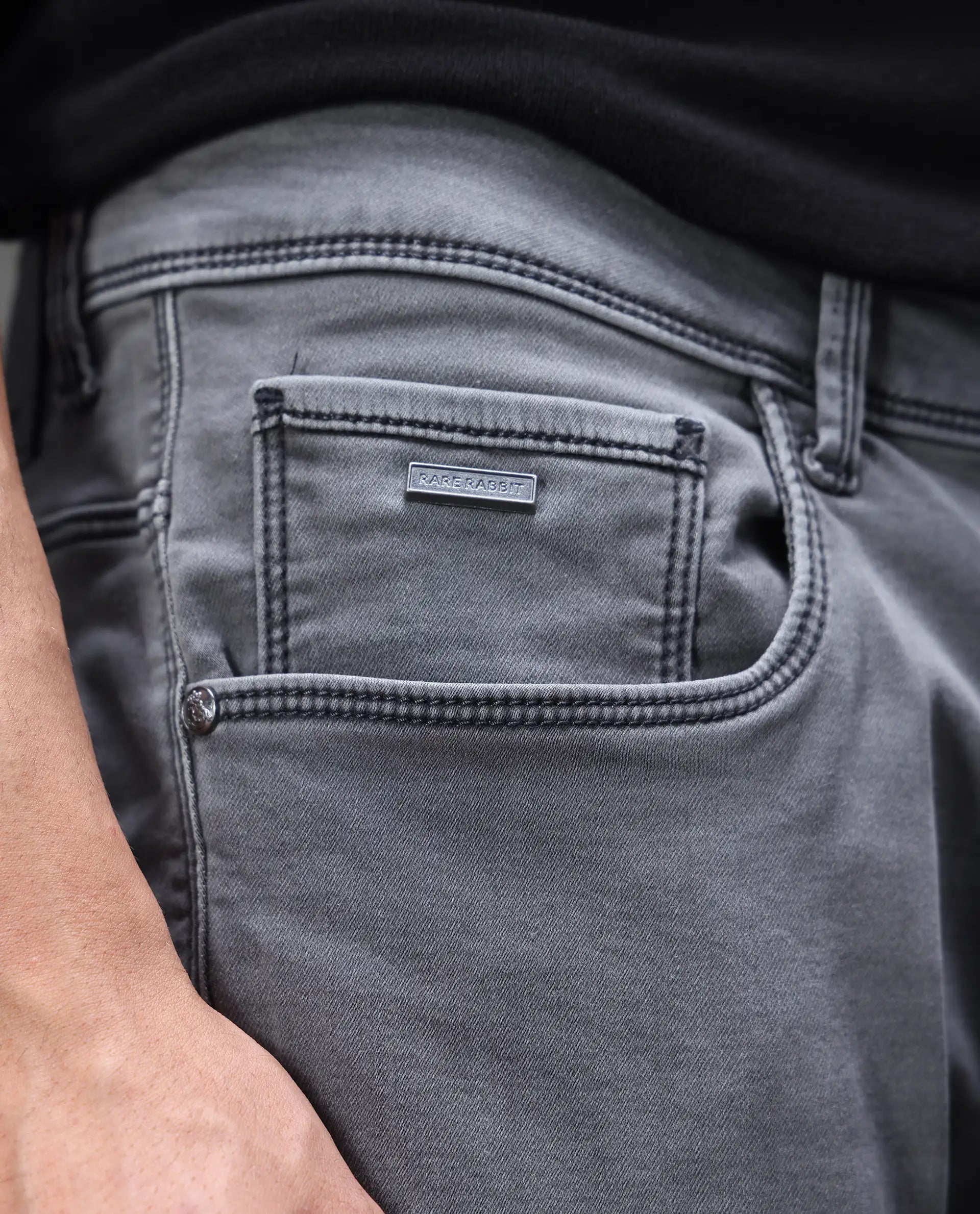 Rare Rabbit Men's Savoy Light Grey Cotton Blend Plain Hawk Slim Fit Jeans