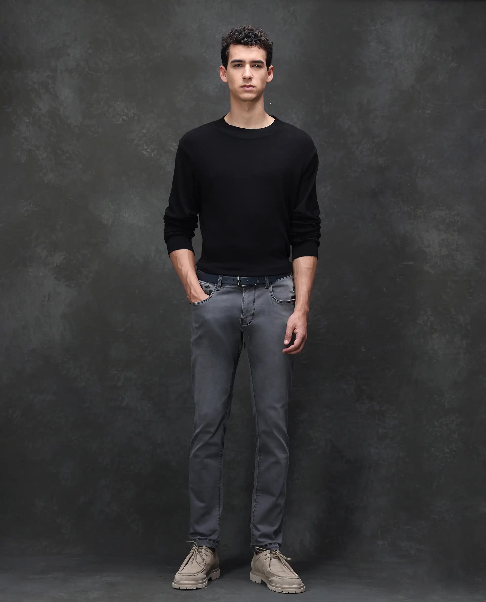 Rare Rabbit Men's Savoy Light Grey Cotton Blend Plain Hawk Slim Fit Jeans