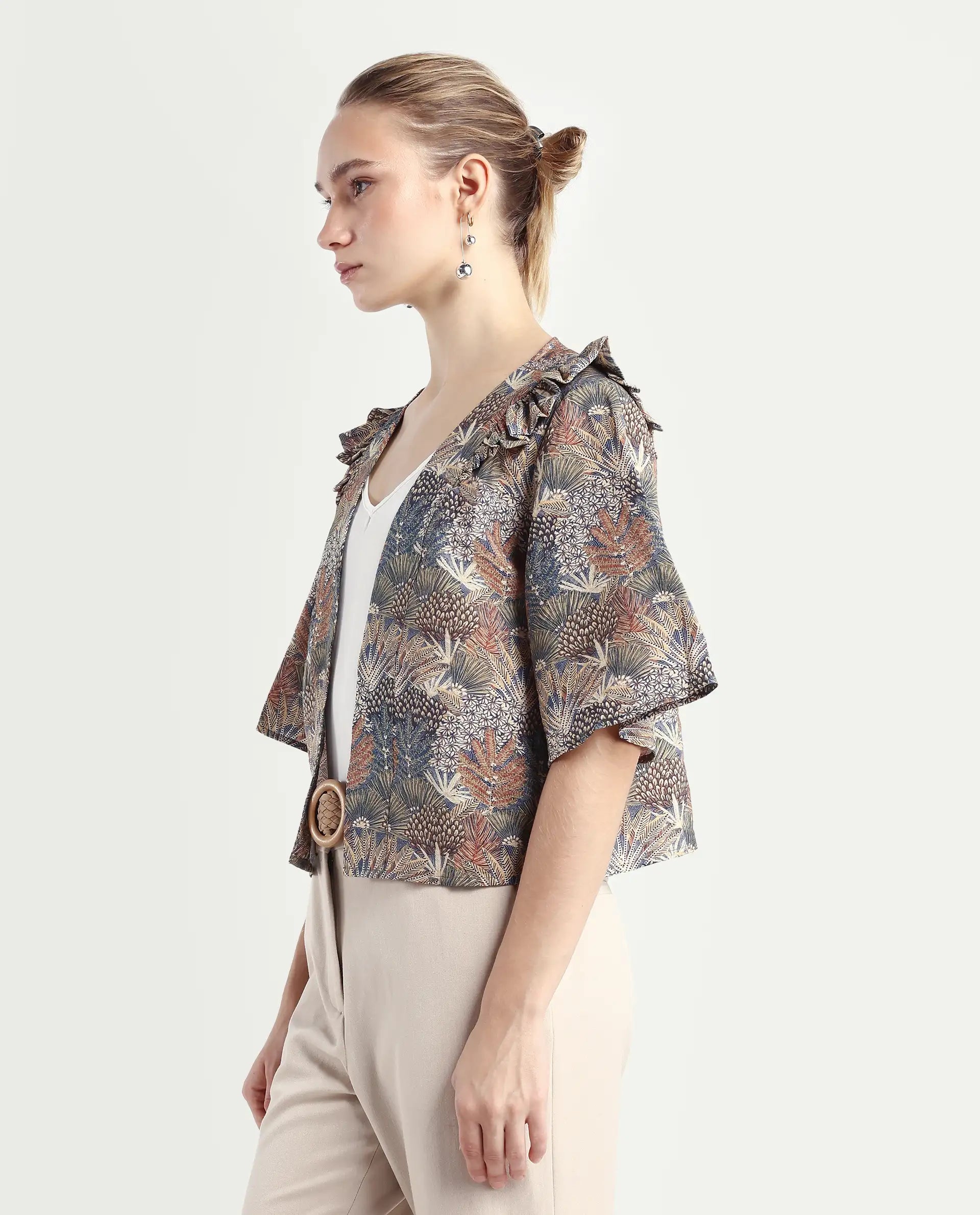 Rareism Women's Savri Dark Multi Nylon Blend Shawl Collar Botanical Print Bell Sleeve Relaxed Fit Shrug