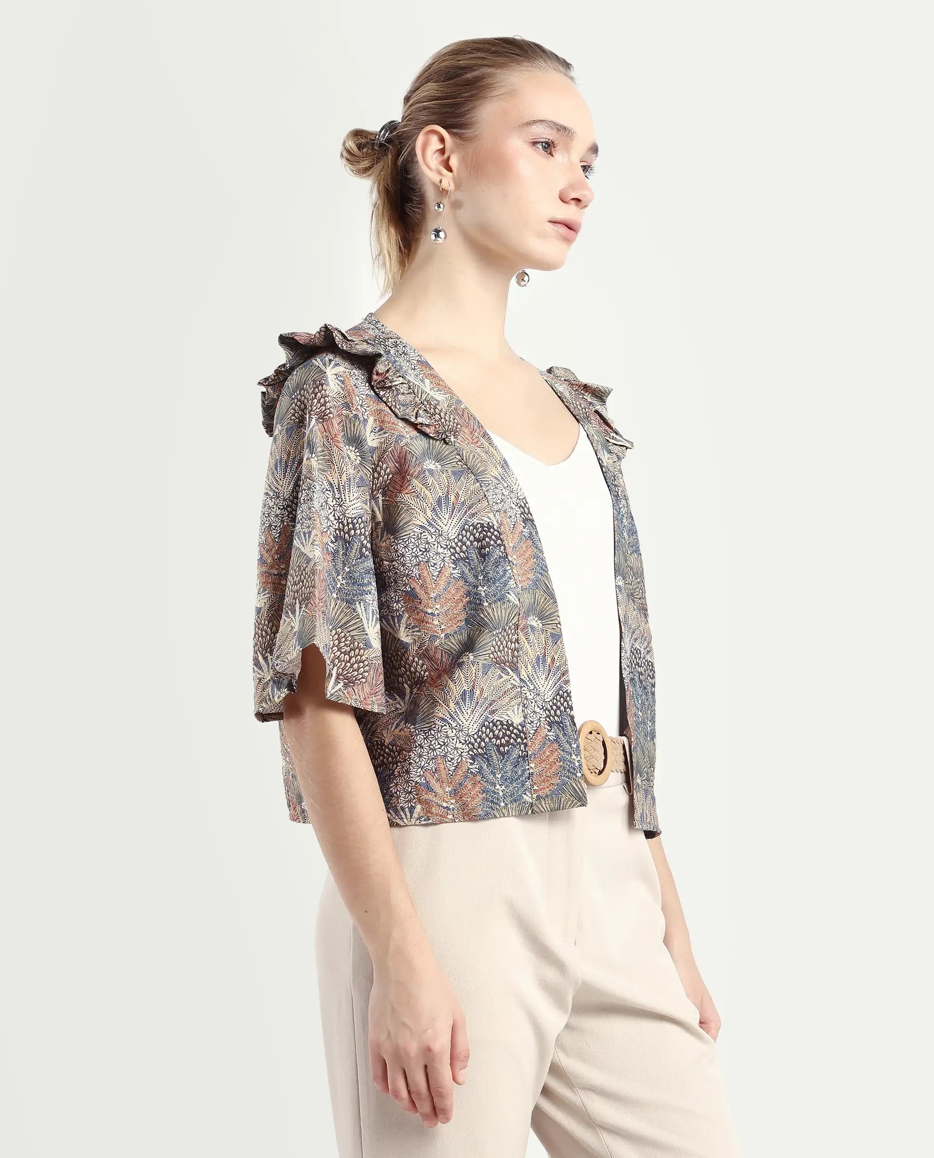 Rareism Women's Savri Dark Multi Nylon Blend Shawl Collar Botanical Print Bell Sleeve Relaxed Fit Shrug