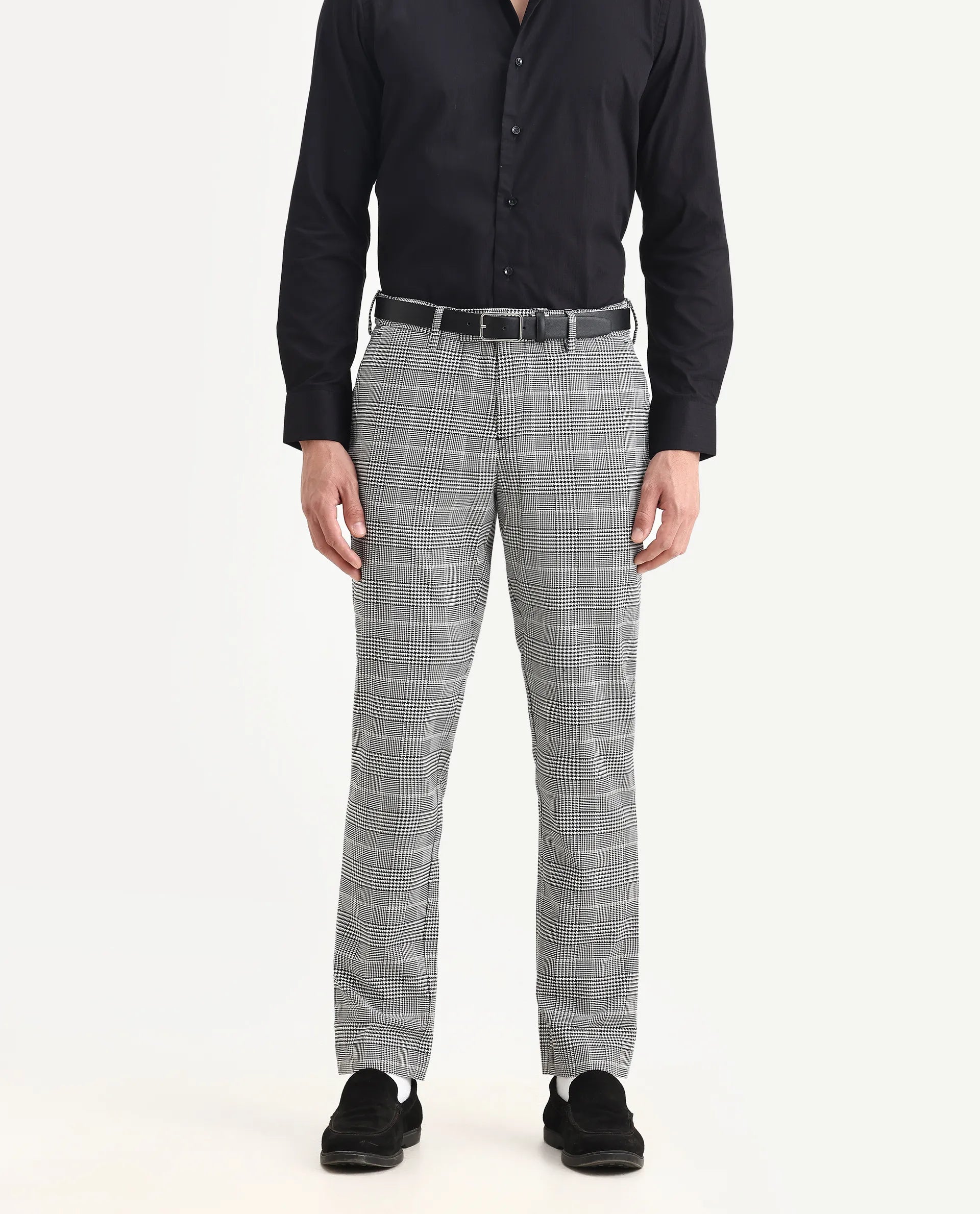 Rare Rabbit Men's Savvet Grey Polyester Checked Print Regular Fit Trouser
