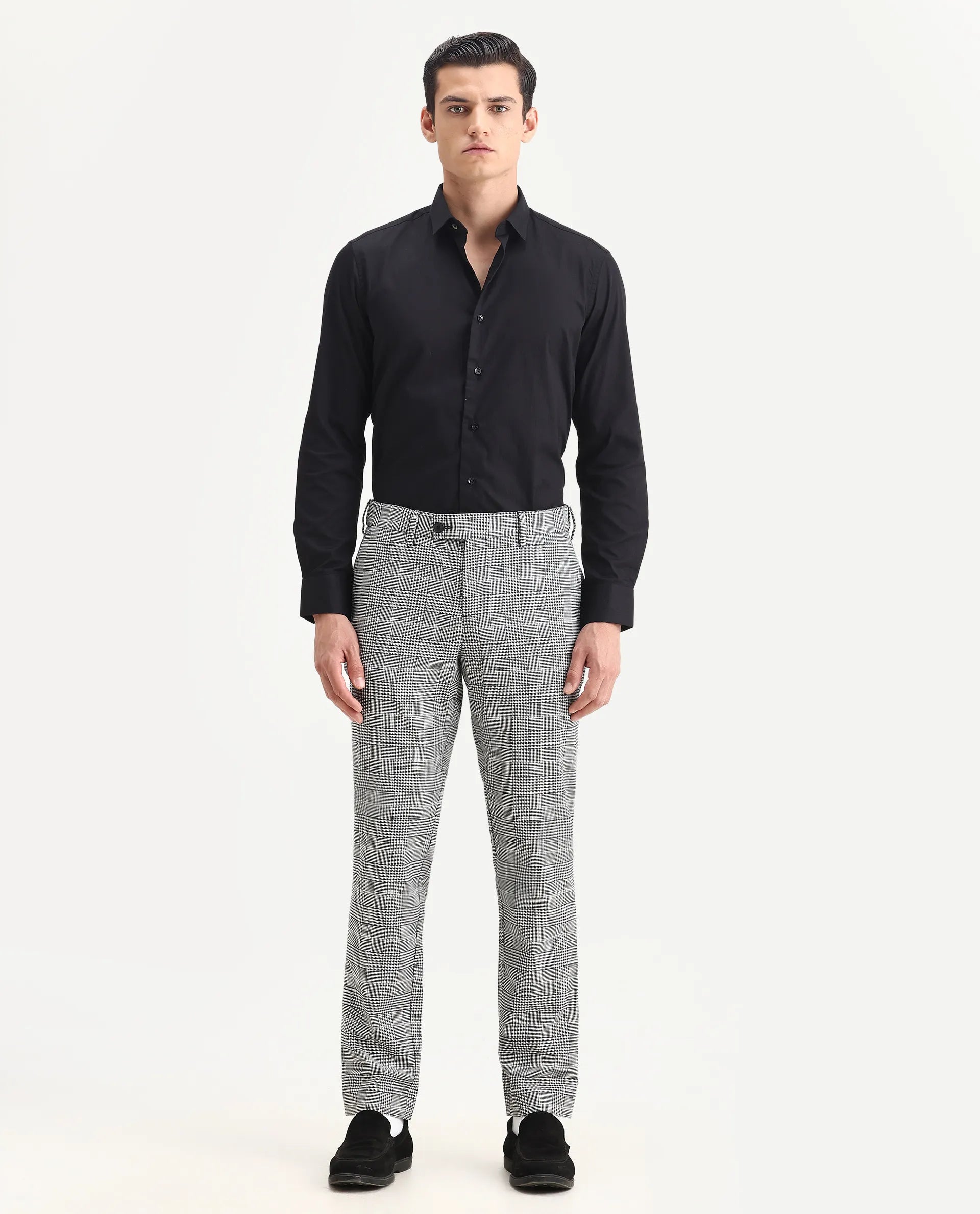 Rare Rabbit Men's Savvet Grey Polyester Checked Print Regular Fit Trouser