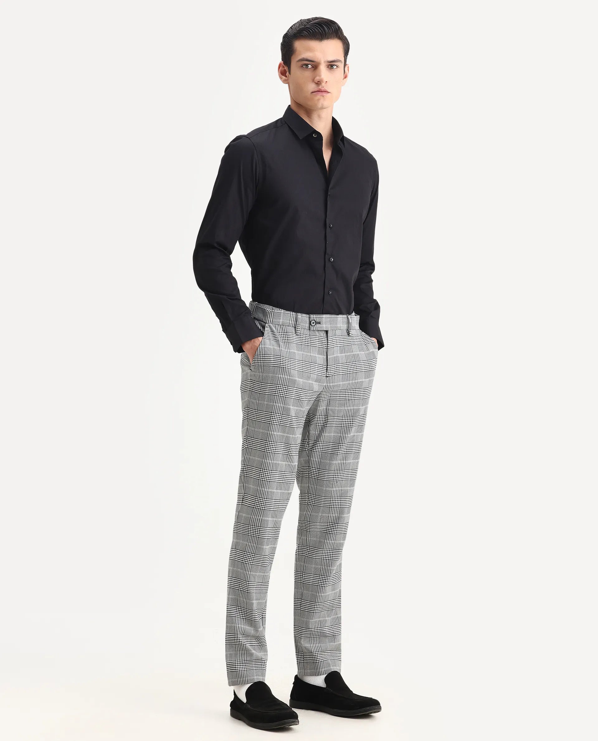 Rare Rabbit Men's Savvet Grey Polyester Checked Print Regular Fit Trouser