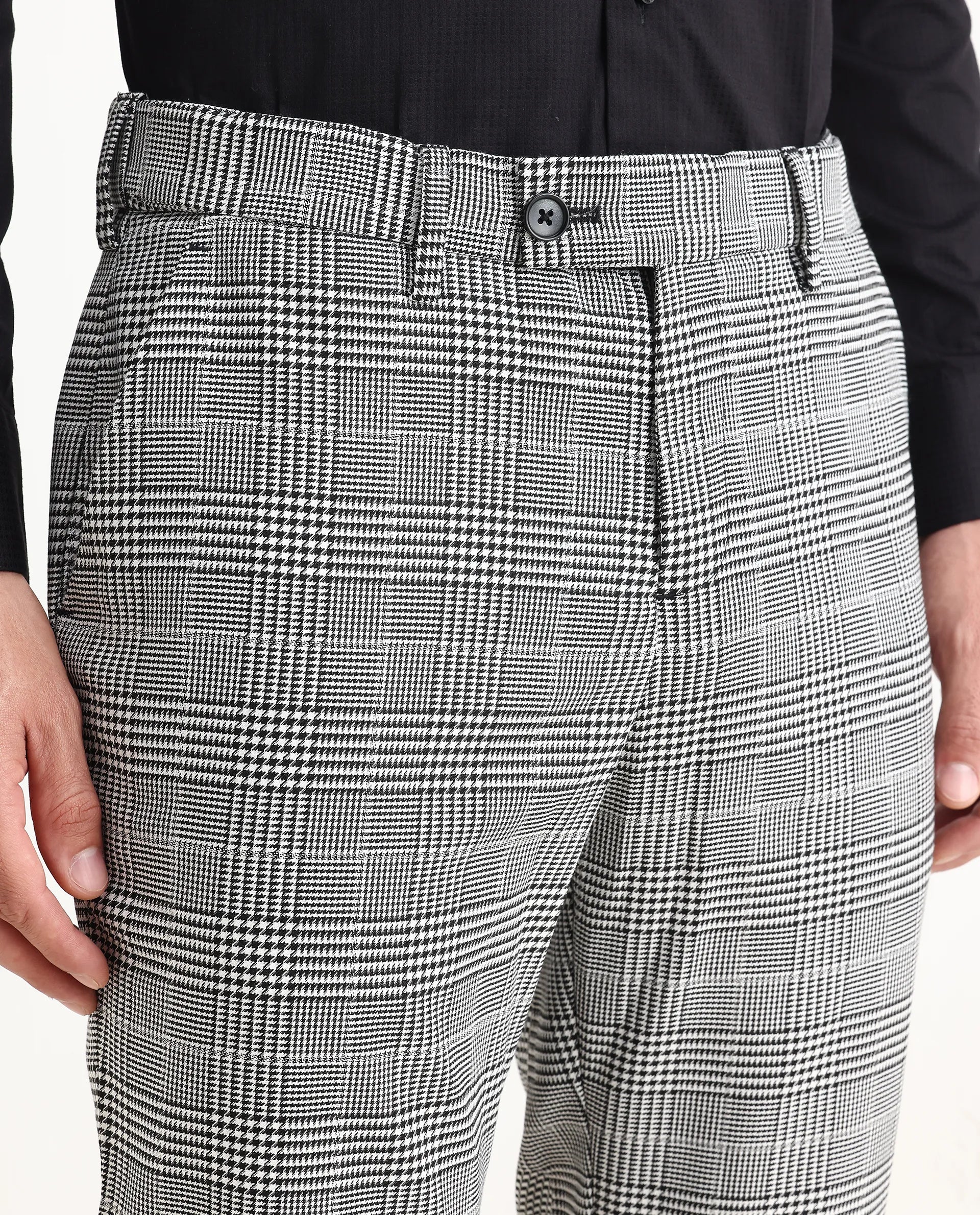 Rare Rabbit Men's Savvet Grey Polyester Checked Print Regular Fit Trouser