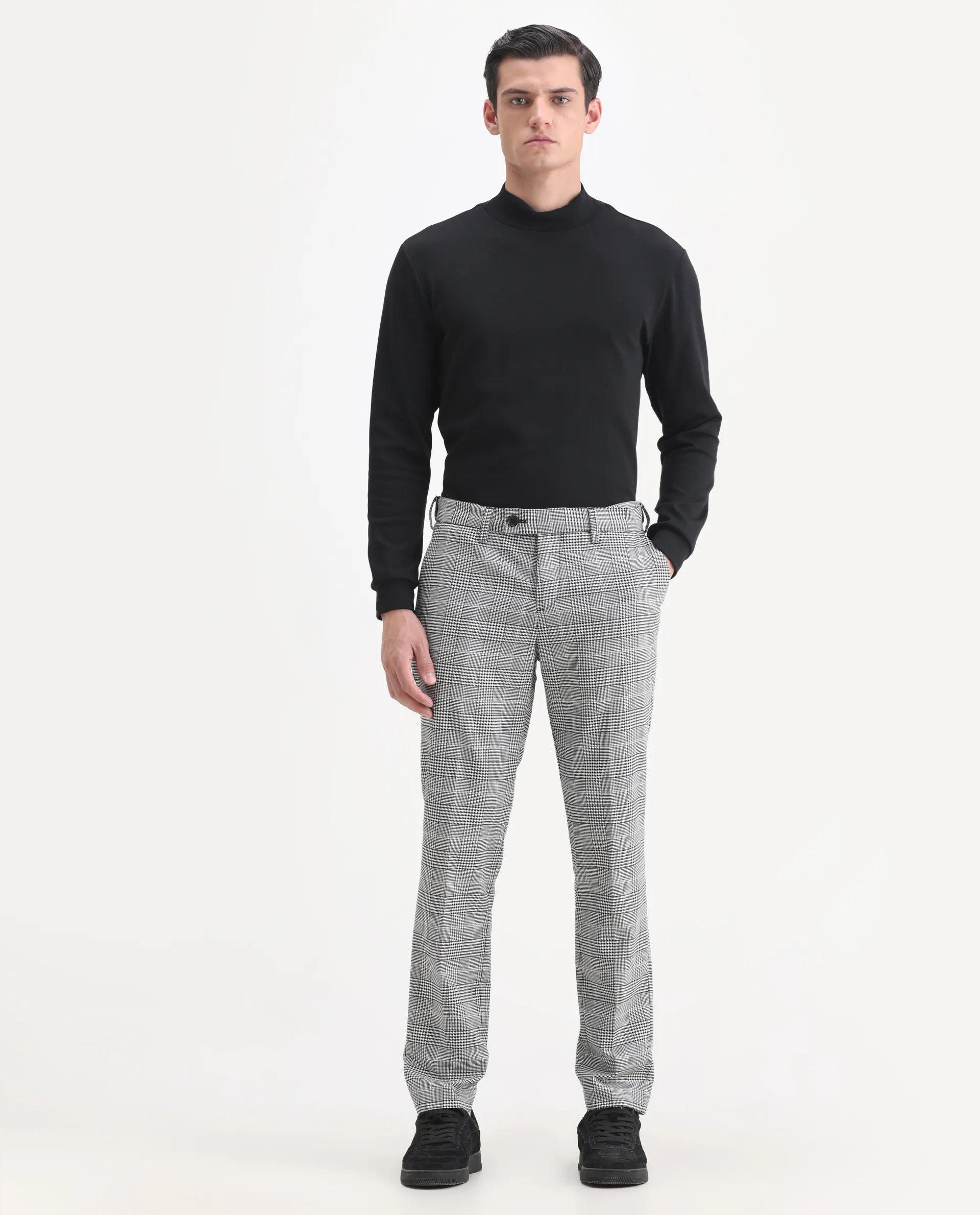 Rare Rabbit Men's Savyy Grey Polyester Checked Print Tailored Fit Full Sleeve Lapel Neck Suits