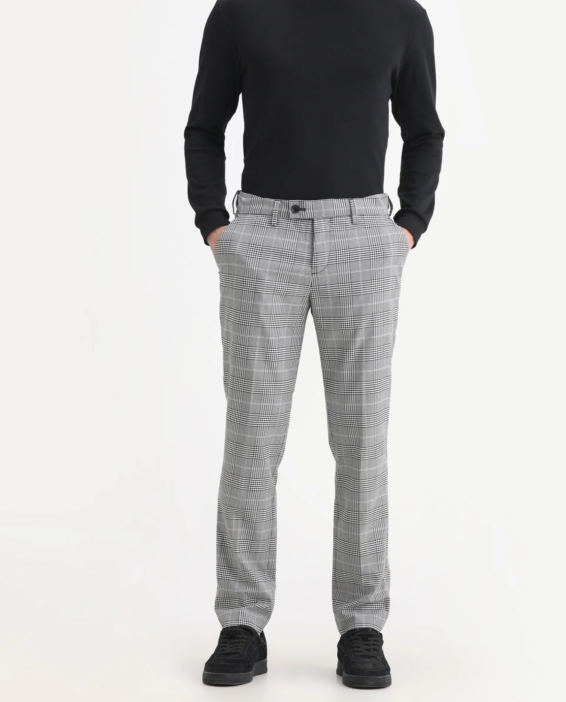 Rare Rabbit Men's Savyy Grey Polyester Checked Print Tailored Fit Full Sleeve Lapel Neck Suits