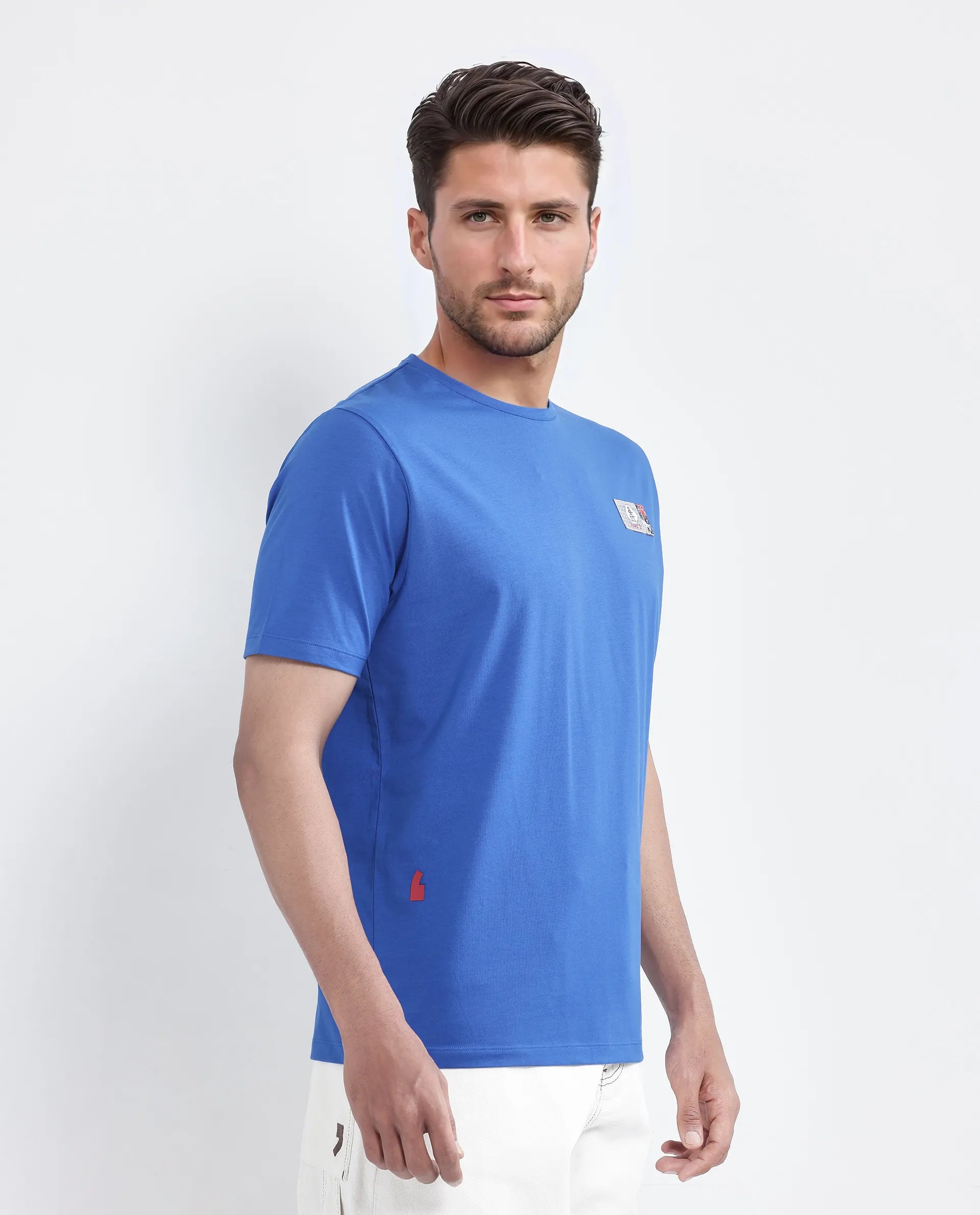 Rare Rabbit Men Saw Pastel Pastel Blue Cotton Lycra Fabric Short Sleeve Crew Neck Slip-On Plain T-Shirt